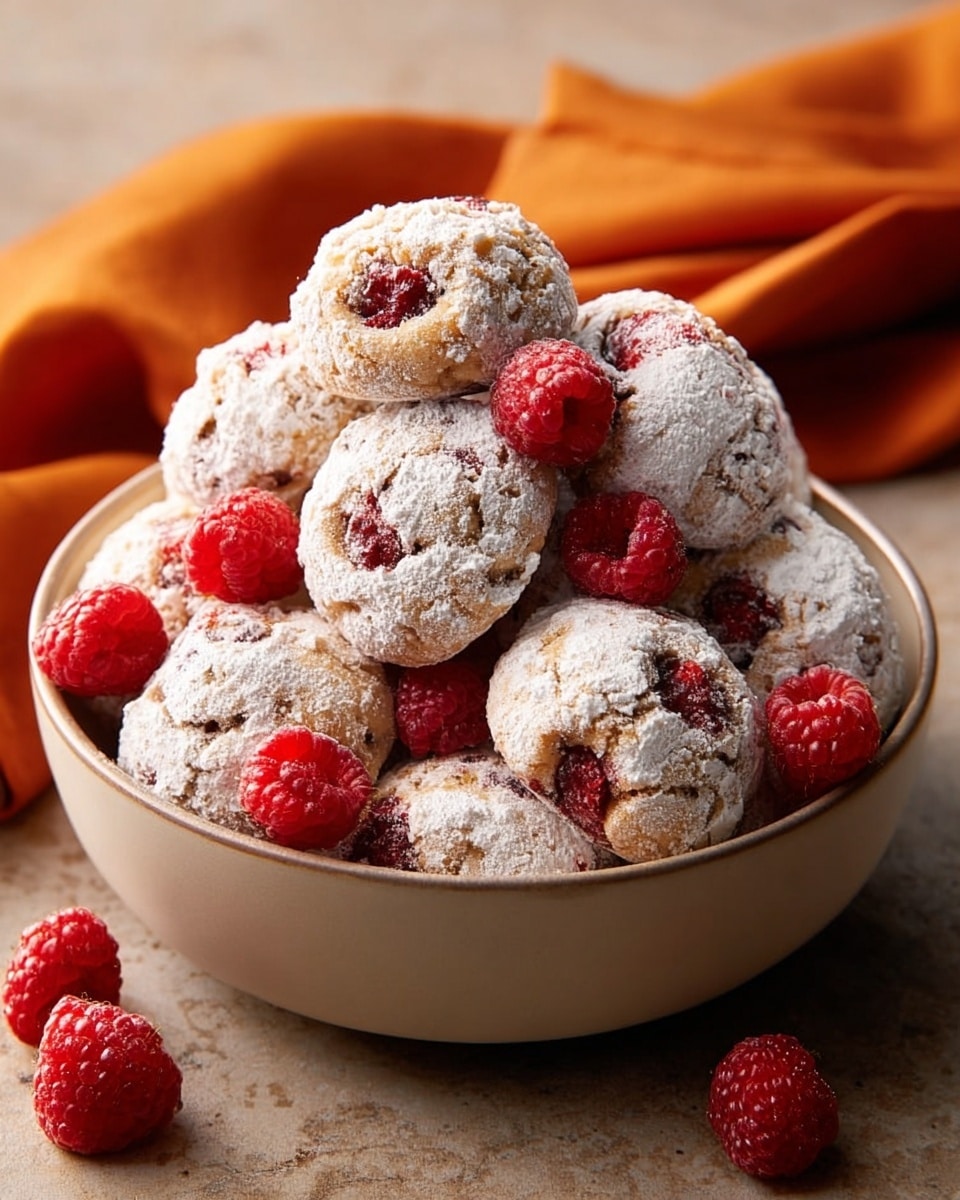 The image features a bowl full of round cookies generously dusted with powdered sugar, giving them a snowy appearance. These cookies are studded with vibrant red raspberries both inside and scattered around them, adding a fresh and colorful contrast. The bowl rests on a neutral-toned surface with a soft, orange cloth draped beside it, enhancing the warm and inviting feel of the scene. photo taken with an iPhone --ar 4:5 --v 7