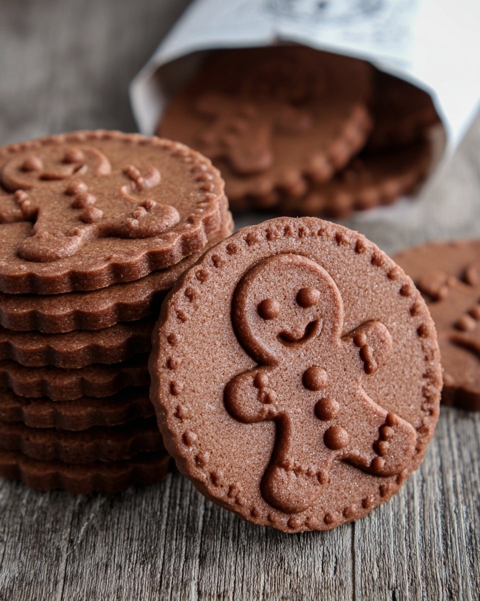 The image features a close-up of several round gingerbread cookies, with one prominently displayed in the foreground. Each cookie has a scalloped edge and an embossed design of a smiling gingerbread man, complete with buttons and details on the hands and feet. The cookies have a rich brown color, suggesting a spiced gingerbread flavor, and are placed on a rustic wooden surface with a white paper bag in the background. The texture looks slightly grainy, indicating a freshly baked quality. photo taken with an iPhone --ar 4:5 --v 7