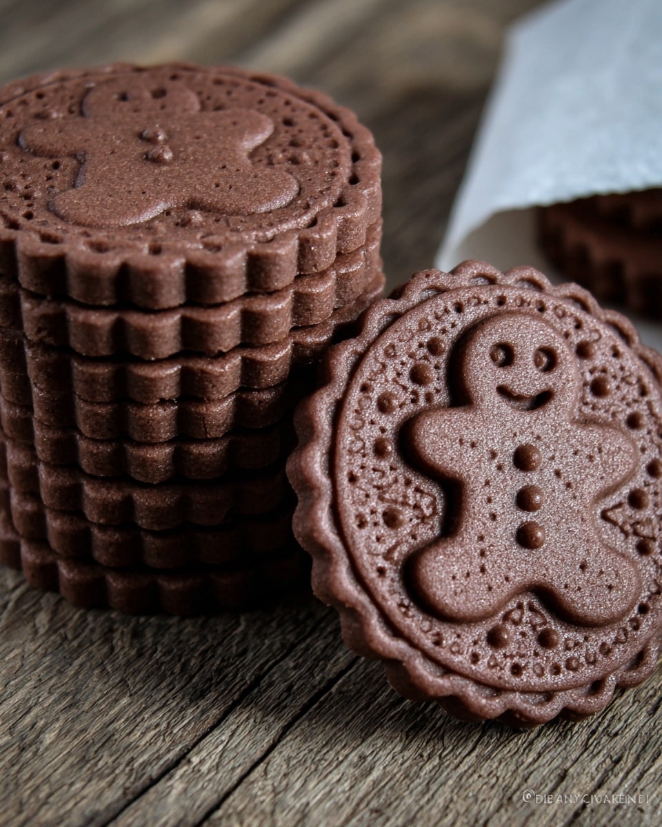 The image shows a close-up of a stack of round chocolate cookies embossed with a smiling gingerbread man design on a rustic wooden surface. The cookies have a scalloped edge and small perforations around the border, giving them a charming and festive appearance. One cookie is placed separately on the right, leaning against a white paper bag in the background, highlighting the detailed decoration on the cookies. The overall mood of the photo evokes a warm and cozy feeling, perfect for the holiday season. photo taken with an iPhone --ar 4:5 --v 7