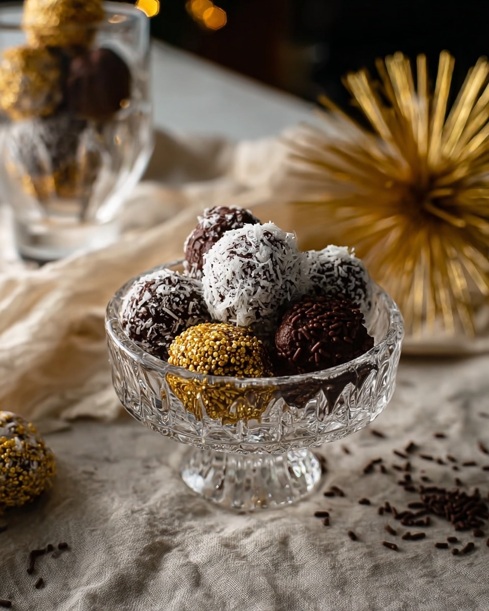 The image features a crystal bowl filled with an assortment of rich chocolate truffles, each coated in different toppings including white coconut flakes, golden sprinkles, and dark chocolate sprinkles, creating a visually appealing variety of textures and colors. The bowl is placed on a neutral-colored fabric, with scattered chocolate sprinkles adding to the casual yet elegant presentation. In the background, there is a blurred glass holding more truffles and a decorative golden spiky object, enhancing the festive and luxurious feel of the setup. photo taken with an iPhone --ar 4:5 --v 7