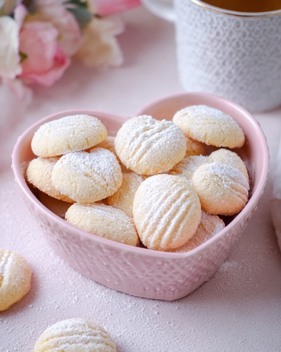 The image showcases a heart-shaped bowl filled with delicate, round cookies that have a light dusting of powdered sugar on top. The cookies have a textured surface, created by gentle ridges, giving them an inviting and homemade appearance. The soft pastel pink background, along with a few scattered cookies and a blurred cup in the background, adds a cozy and charming atmosphere to the scene, making the treats look perfect for a light snack or tea time. photo taken with an iPhone --ar 4:5 --v 7