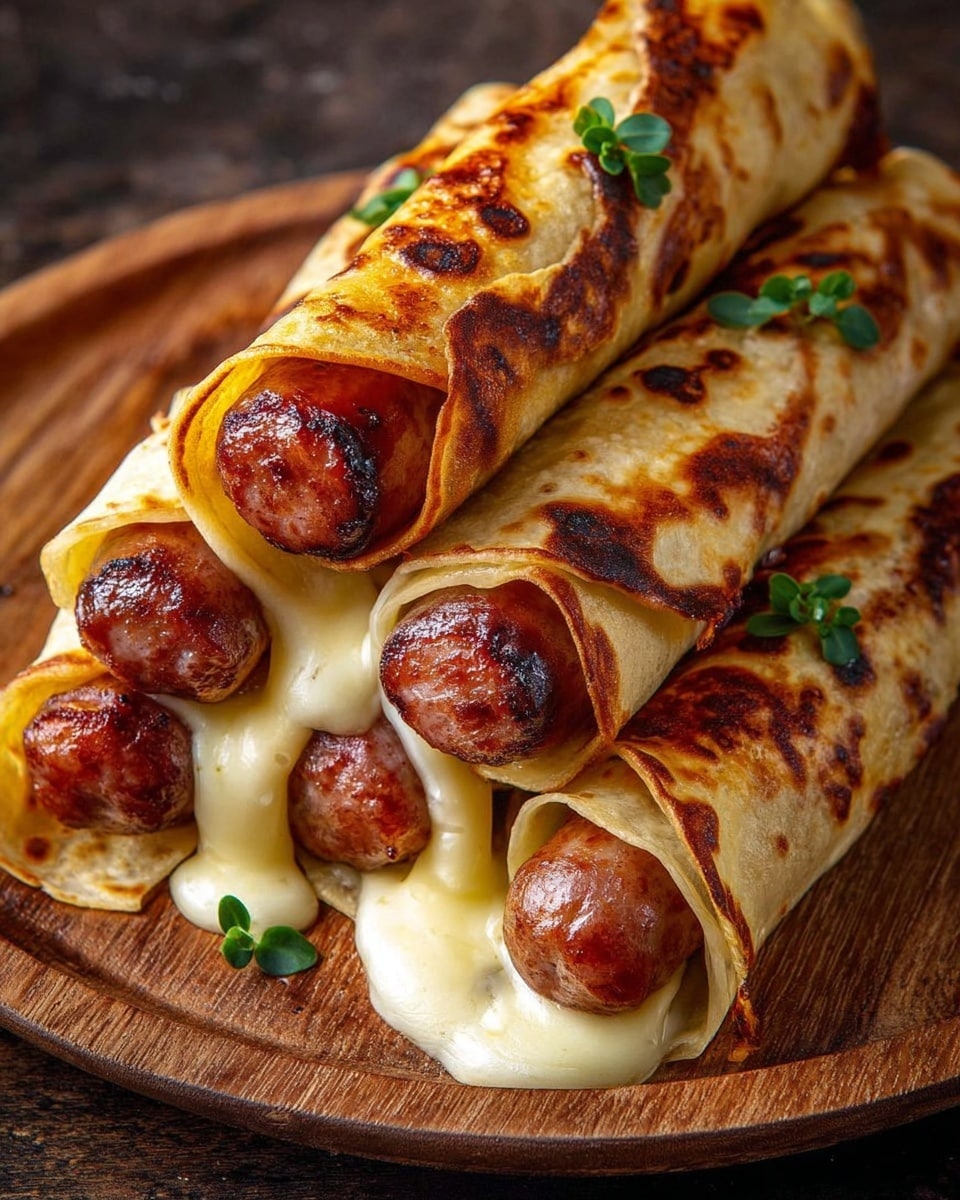 The image shows a delicious close-up of several sausages wrapped in golden, crispy flatbreads or crepes, with melted cheese oozing out from the ends. The sausages have a nicely browned exterior, indicating they are well-cooked, and the flatbreads have an appetizingly toasted surface with small charred spots. Garnished with small sprigs of fresh green herbs, the presentation is warm and inviting, perfect for a hearty snack or meal. The food is arranged on a rustic wooden platter, enhancing the cozy and homemade feel of the dish. photo taken with an iPhone --ar 4:5 --v 7
