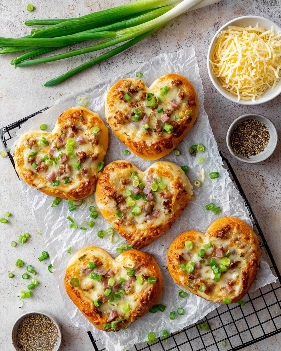 The image shows five heart-shaped mini pizzas topped with melted cheese, diced meat, and chopped green onions, arranged on a piece of crumpled white parchment paper over a black cooling rack. Around the pizzas are fresh whole green onions, a small bowl of shredded cheese, and a small dish of cracked black pepper. The crusts of the mini pizzas are golden brown and well-baked, giving them a crisp and appetizing appearance. Scattered green onion pieces enhance the presentation with a fresh, vibrant touch. photo taken with an iPhone --ar 4:5 --v 7
