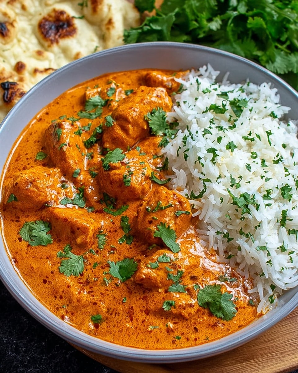 This image features a bowl of creamy, rich butter chicken curry with tender pieces of chicken coated in a vibrant orange sauce, garnished with fresh cilantro leaves. On one side of the bowl, there's a serving of fluffy white basmati rice sprinkled lightly with chopped cilantro. In the background, some fresh cilantro and a piece of lightly charred naan bread are visible, suggesting a complete and delicious Indian meal. photo taken with an iPhone --ar 4:5 --v 7