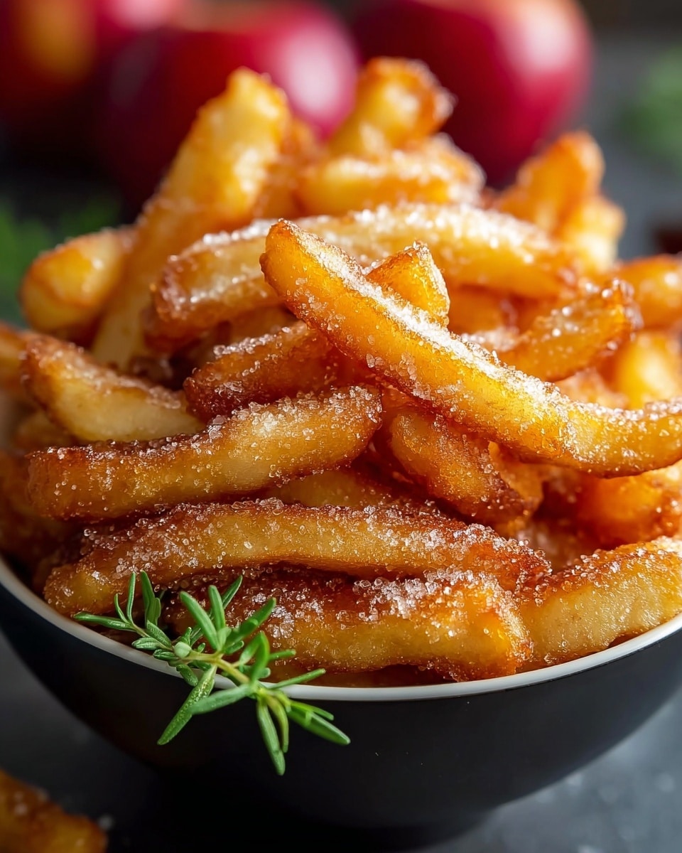 This image shows a bowl filled with golden, crispy churros that are generously coated with a dusting of fine granulated sugar. The churros appear perfectly fried, exhibiting a crunchy texture on the outside while likely being soft and fluffy on the inside. The warm amber tones of the churros contrast beautifully with the dark bowl, making the treat look irresistibly inviting. The background is softly blurred with hints of red and green shades, possibly from apples or decorative elements, enhancing the focus on the sweet snack. Photo taken with an iPhone --ar 4:5 --v 7