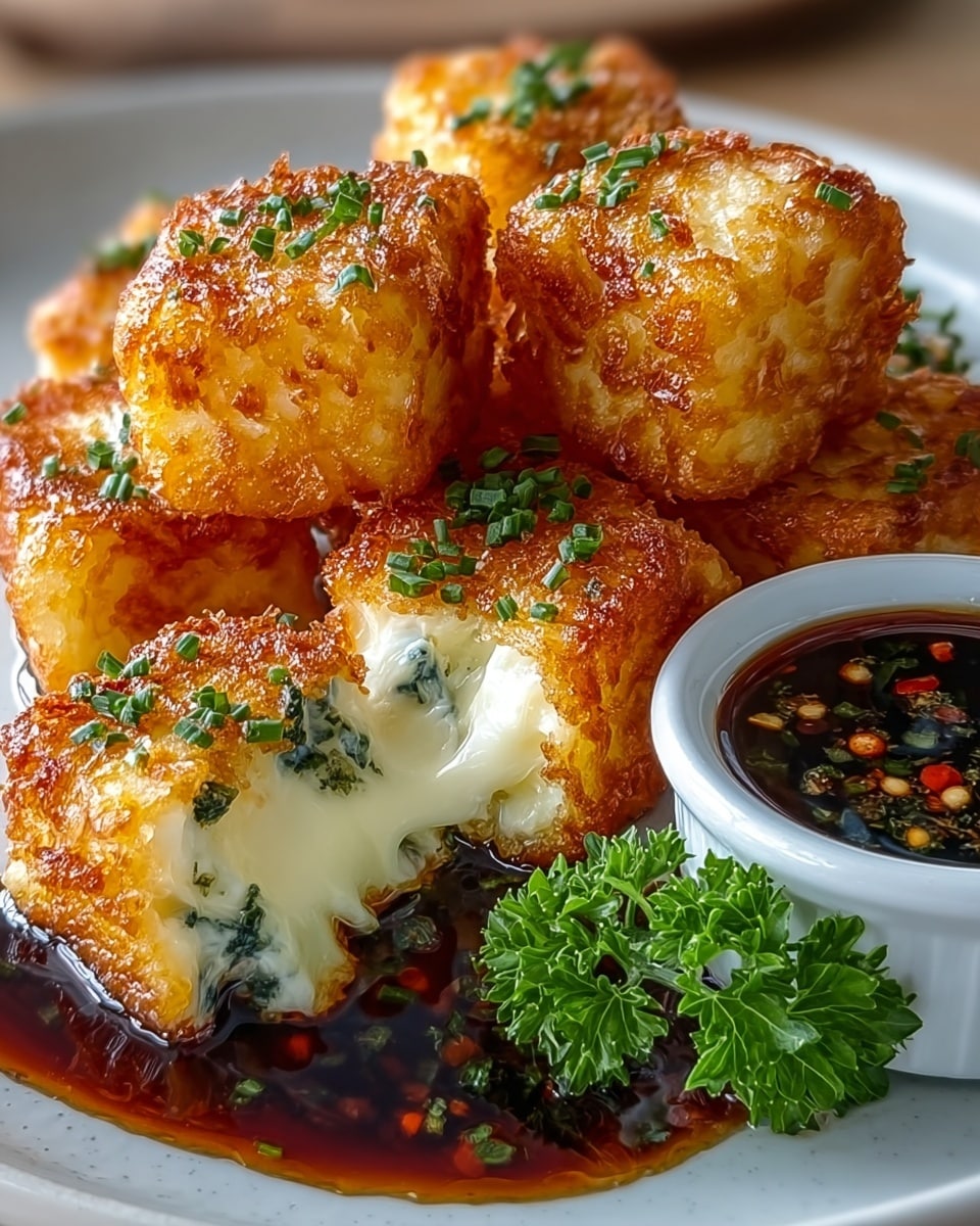 The image shows a plate of golden-brown, crispy fried cheese cubes, garnished with finely chopped herbs. One cube is bitten into, revealing a creamy, melted interior with hints of green herbs or spices inside. The cheese is set on a glossy sauce, with a small cup of dark dipping sauce studded with chili flakes and herbs on the side. A sprig of fresh green parsley adds a touch of color to the dish, making it visually appealing and appetizing. photo taken with an iPhone --ar 4:5 --v 7