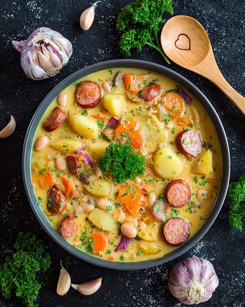 This image features a hearty and creamy stew filled with sliced sausages, chunks of potatoes, sliced carrots, and beans, all simmered in a rich, yellowish sauce. The stew is garnished with a sprig of fresh parsley, adding a touch of vibrant green to the dish. Surrounding the bowl are whole garlic bulbs, additional parsley, and a wooden spoon with a heart-shaped cutout, set on a dark textured surface which contrasts beautifully with the vibrant colors of the stew. The presentation highlights the comforting and rustic nature of this meal. photo taken with an iPhone --ar 4:5 --v 7
