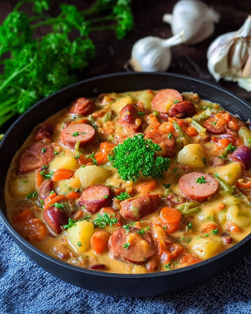 This image shows a rich and creamy sausage and vegetable stew served in a black skillet. The dish features sliced sausages, tender chunks of potatoes, carrots, and beans, all enveloped in a thick, comforting sauce. A sprig of fresh parsley in the center adds a touch of color and freshness to the hearty meal. In the background, whole garlic bulbs and a textured blue cloth are visible, enhancing the rustic and home-cooked feel of the scene. Photo taken with an iPhone --ar 4:5 --v 7