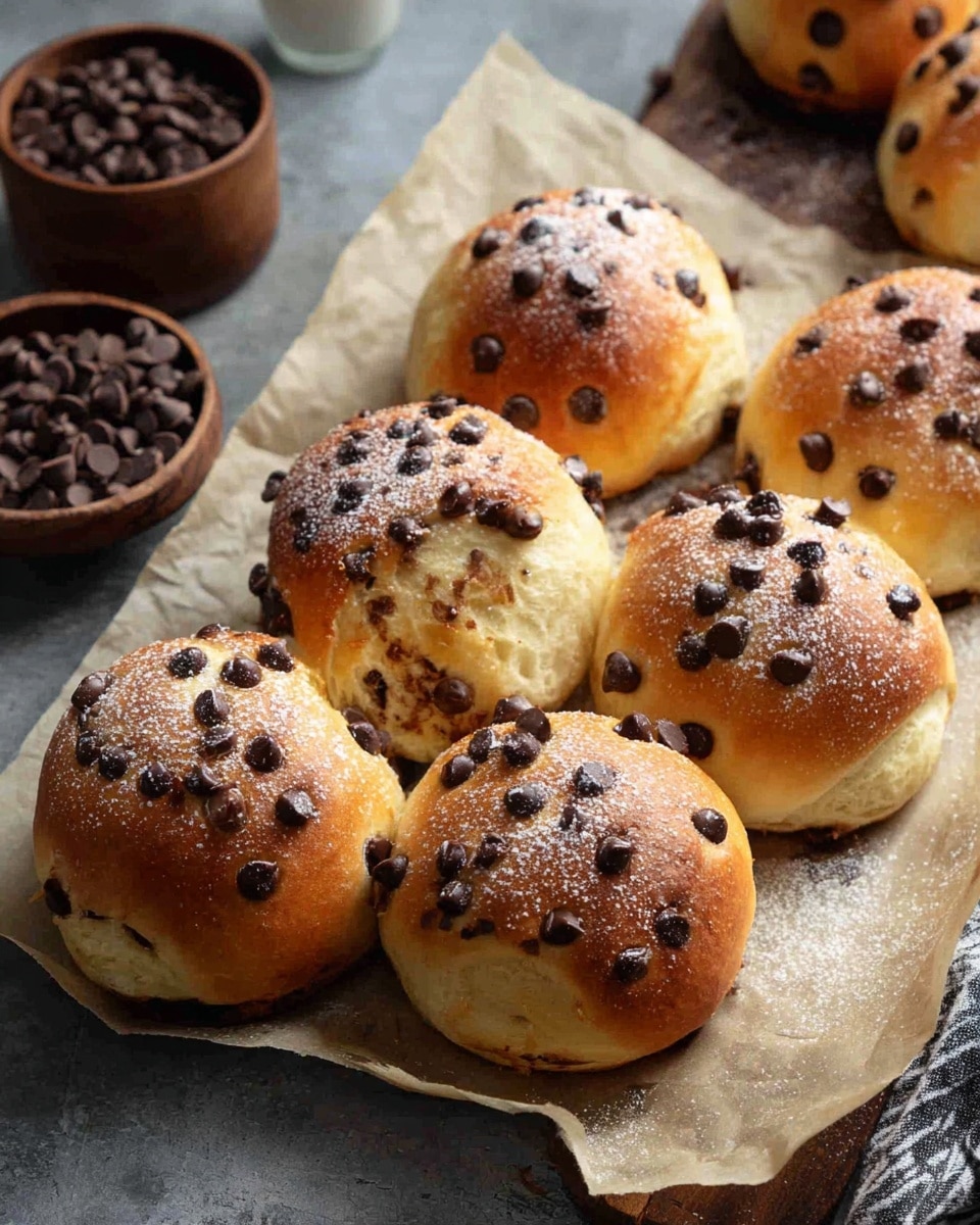 The image showcases a batch of freshly baked, golden brown chocolate chip buns arranged on parchment paper. Each bun is generously studded with semi-sweet chocolate chips, some melted slightly, adding a rich contrast to the soft, fluffy texture of the bread. A light dusting of powdered sugar adds a delicate finishing touch, enhancing their appeal. Accompanying the buns is a wooden bowl filled with extra chocolate chips, suggesting more indulgence to come. The scene invites a cozy and warm feeling, perfect for a comforting snack or breakfast treat. photo taken with an iPhone --ar 4:5 --v 7