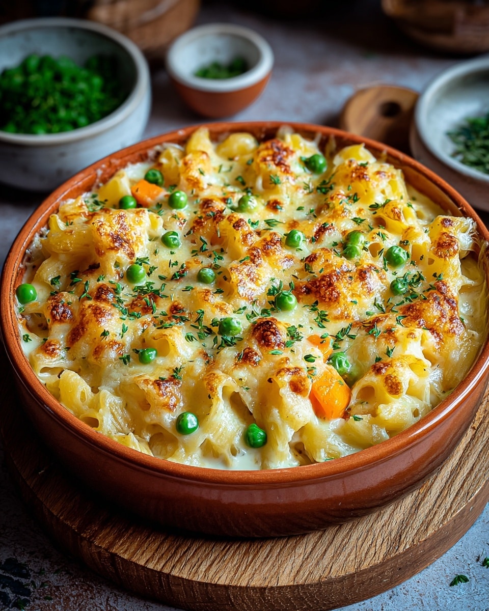 The image showcases a delicious baked pasta casserole in a round, orange ceramic dish. The dish features bubbly, golden-brown melted cheese on top, sprinkled with fresh green peas and finely chopped herbs, creating a vibrant contrast. Visible within the creamy sauce are pieces of pasta and diced vegetables, likely carrots, adding texture and color to the dish. The casserole rests on a wooden board, with a rustic background that includes hints of fresh herbs and small bowls, suggesting a cozy and appetizing homemade meal. photo taken with an iPhone --ar 4:5 --v 7