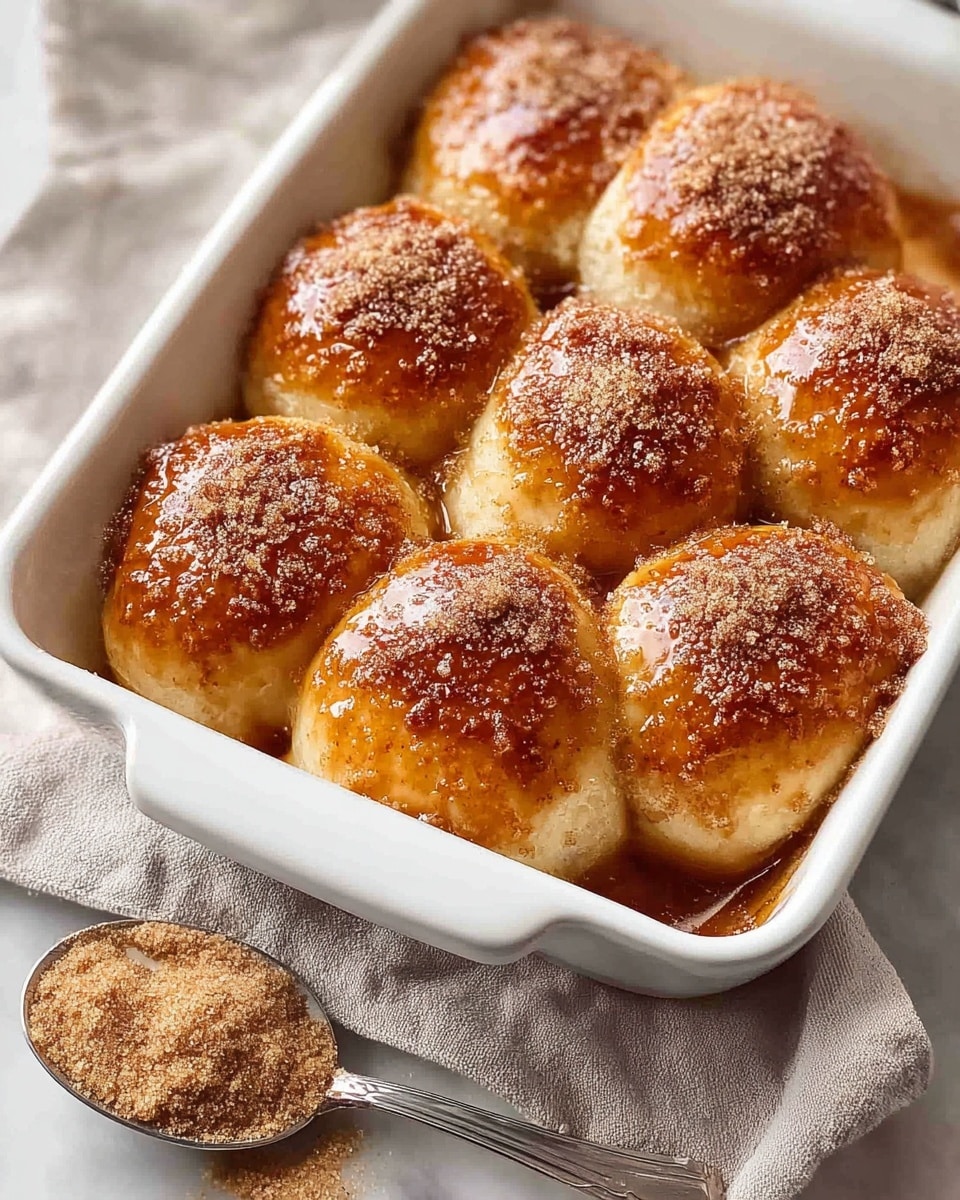 The image shows a white baking dish filled with seven warm, golden-brown rolls, generously coated with a glaze and sprinkled with a sugary cinnamon topping. The rolls are closely nestled together, indicating they have risen well and baked perfectly to achieve a soft and fluffy texture. A metal spoon containing extra cinnamon sugar rests nearby on a light cloth, suggesting that the rolls can be further sweetened according to taste. The overall presentation looks inviting and delicious, ideal for a cozy breakfast or dessert. photo taken with an iPhone --ar 4:5 --v 7