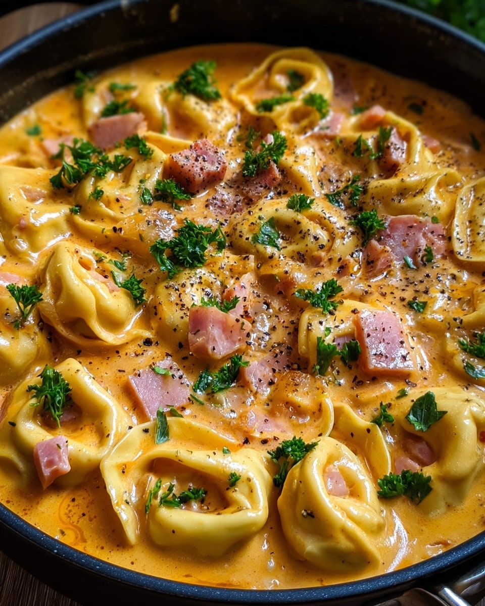 This image showcases a delicious dish of tortellini pasta immersed in a rich, creamy orange-colored sauce. The tortellini are generously coated with the sauce, which appears to be cheesy and smooth. Scattered throughout the dish are small cubes of ham, adding a savory element, and fresh sprigs of parsley, providing a vibrant green contrast. A generous sprinkle of black pepper is visible on top, enhancing the visual appeal and hinting at the flavor. The meal is presented in a black pan, which complements the warm tones of the pasta and sauce beautifully. photo taken with an iPhone --ar 4:5 --v 7