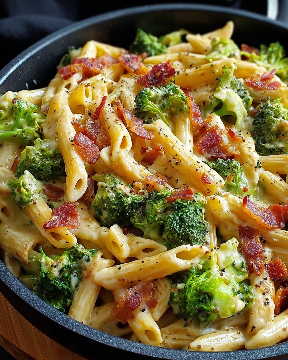 This image showcases a creamy pasta dish made with penne pasta, tender broccoli florets, and crispy bacon pieces. The pasta is generously coated in a rich, cheesy sauce, seasoned with black pepper for added flavor. The combination of vibrant green broccoli, golden cheese sauce, and the reddish-brown bacon creates an inviting and appetizing presentation, served in a black skillet that contrasts nicely with the dish's colors. Photo taken with an iPhone --ar 4:5 --v 7