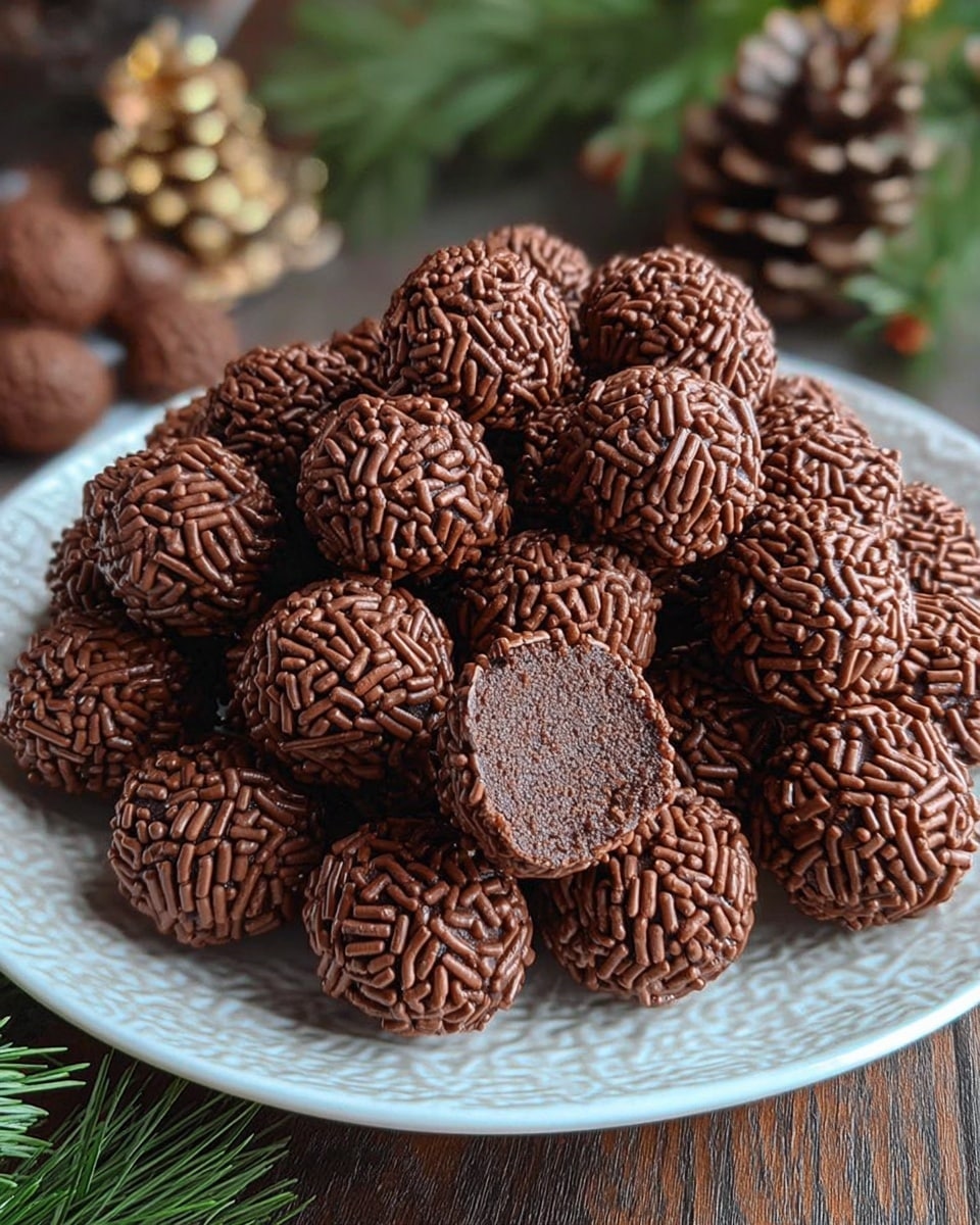 The image shows a plate heaped with round chocolate truffles covered in chocolate sprinkles, giving them a textured and rich appearance. One truffle is cut in half to reveal a smooth, dense chocolate interior, suggesting a creamy and indulgent treat. The background features some decorative pinecones and greenery, adding a festive and cozy atmosphere to the presentation. The overall scene evokes a sense of homemade warmth and holiday charm. photo taken with an iPhone --ar 4:5 --v 7