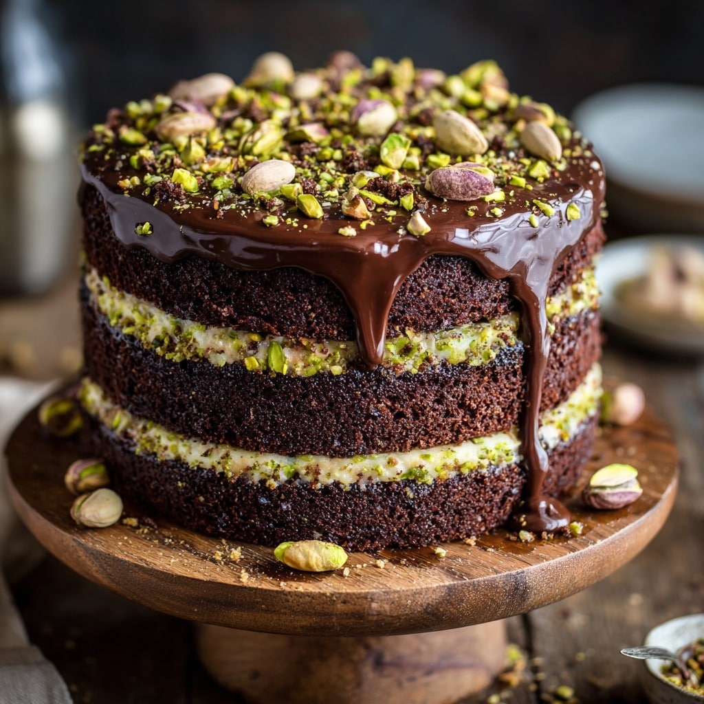 This image showcases a decadent slice of layered chocolate cake with rich, moist chocolate sponge layers alternated with creamy green pistachio filling. The cake is coated in a smooth, glossy chocolate ganache and topped with whole pistachios for garnish, adding a touch of texture and color contrast. A few pistachios and crumbs are scattered on the plate and wooden table, creating a rustic and inviting atmosphere. The background is softly blurred, focusing attention on the cake, while warm lighting enhances the indulgent appeal. Photo taken with an iPhone --ar 4:5 --v 7