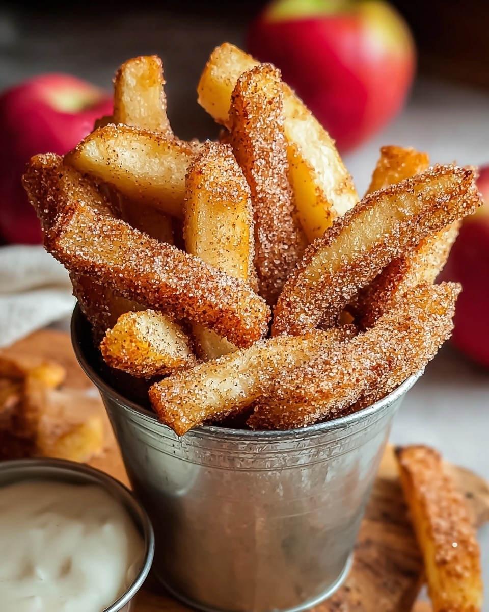 The image features a metal cup filled with golden-brown apple fries, coated with a generous sprinkle of cinnamon sugar, giving them a crispy and sweet appearance. The fries are thick-cut, showcasing their tender interior, and the seasoning highlights the fall-inspired flavor. In the background, there are fresh red apples and a white dipping sauce, adding to the overall cozy and inviting presentation of this delicious snack. photo taken with an iPhone --ar 4:5 --v 7