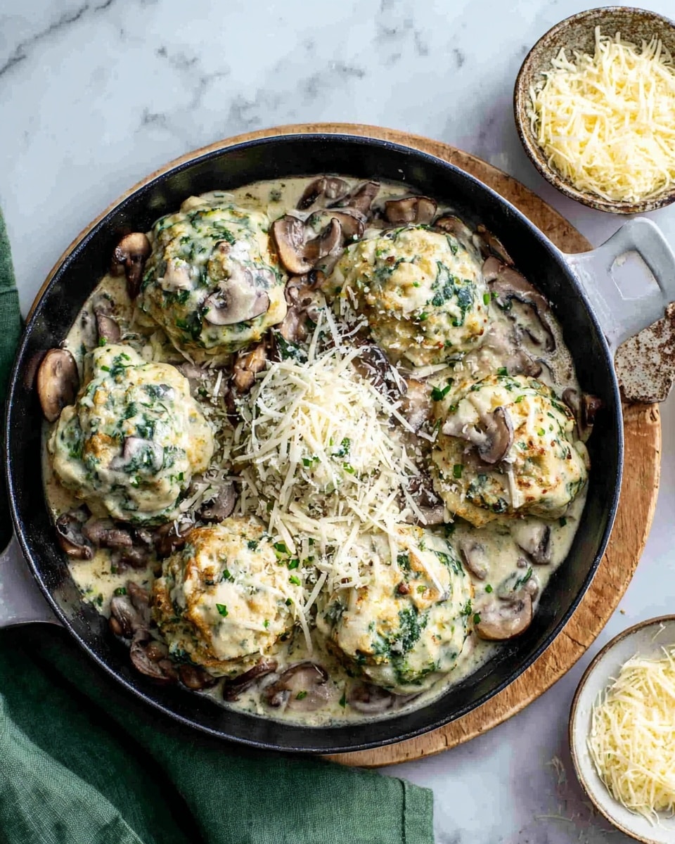 The image shows a delicious dish featuring four herb-infused dumplings or dumpling-like balls placed atop a creamy mushroom sauce in a black skillet. Generous shavings of cheese are sprinkled over the dumplings, adding to their rich appearance, while sautéed mushroom slices are visible in the creamy base beneath. A small bowl of grated cheese is set nearby on the marble surface, accompanied by a green cloth napkin folded beside the skillet, creating an inviting presentation. photo taken with an iPhone --ar 4:5 --v 7