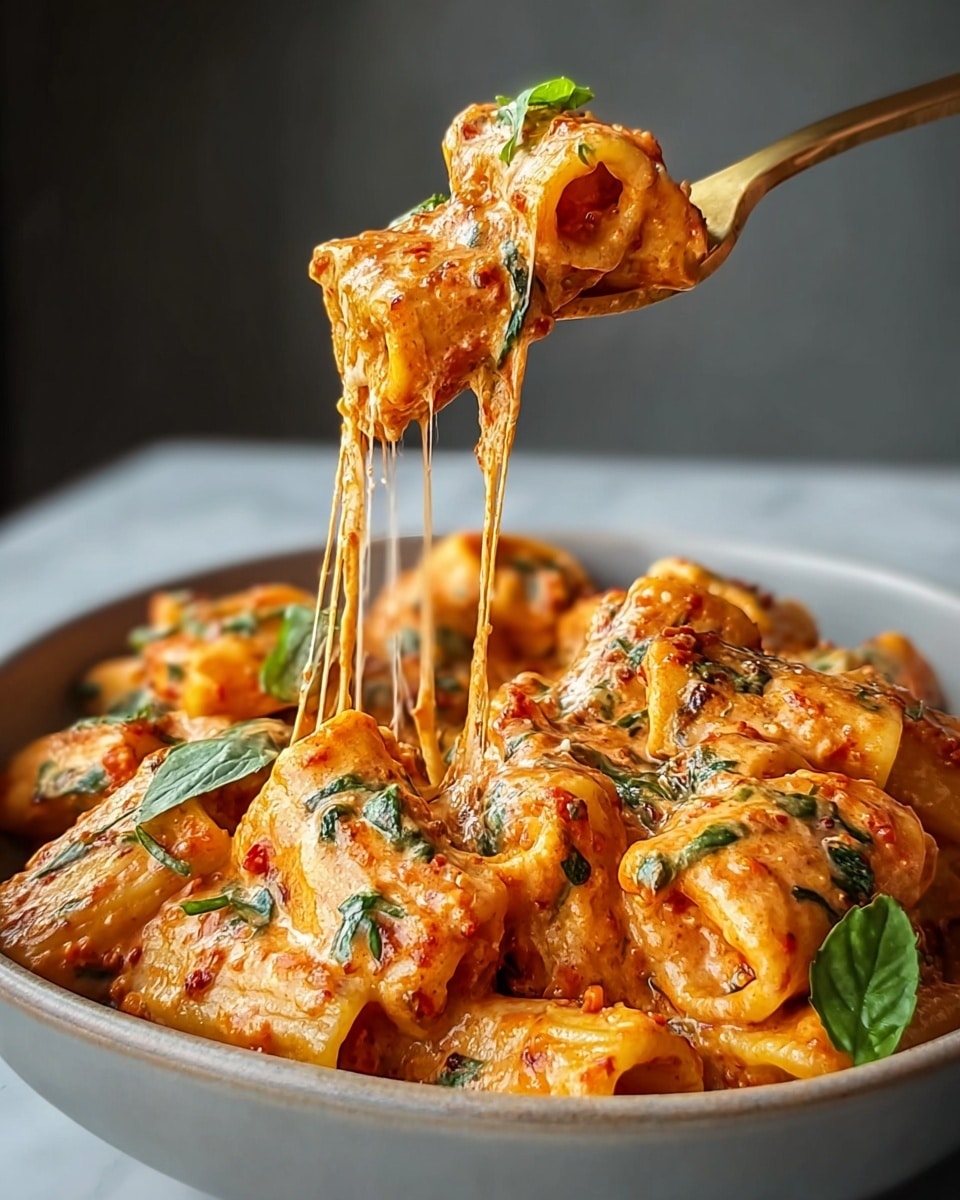 This image showcases a rich and creamy pasta dish, likely rigatoni, coated in a luscious tomato-based sauce with a hint of cream and fresh herbs, possibly basil. The sauce is thick and velvety, clinging to the pasta with visible flecks of spinach or basil, giving the dish a vibrant and appetizing look. Melted cheese stretches from a fork lifting a bite, emphasizing the gooey, indulgent texture. The dish is served in a simple, elegant bowl against a neutral background, highlighting the warm colors of the food. photo taken with an iPhone --ar 4:5 --v 7