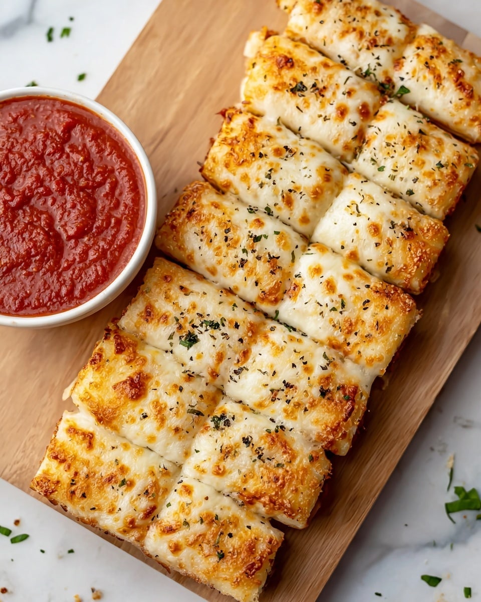 The image shows six golden brown cheese sticks arranged in two rows on a light wooden board. Each stick is covered with melted, bubbly white cheese that has small browned spots, sprinkled with black pepper and green herbs. Next to the board is a small white bowl filled with thick red marinara sauce, set on a white marbled surface with a few scattered green herb pieces around. The cheese sticks look crispy and gooey with a soft bread base underneath the cheese topping. photo taken with an iphone --ar 4:5 --v 7