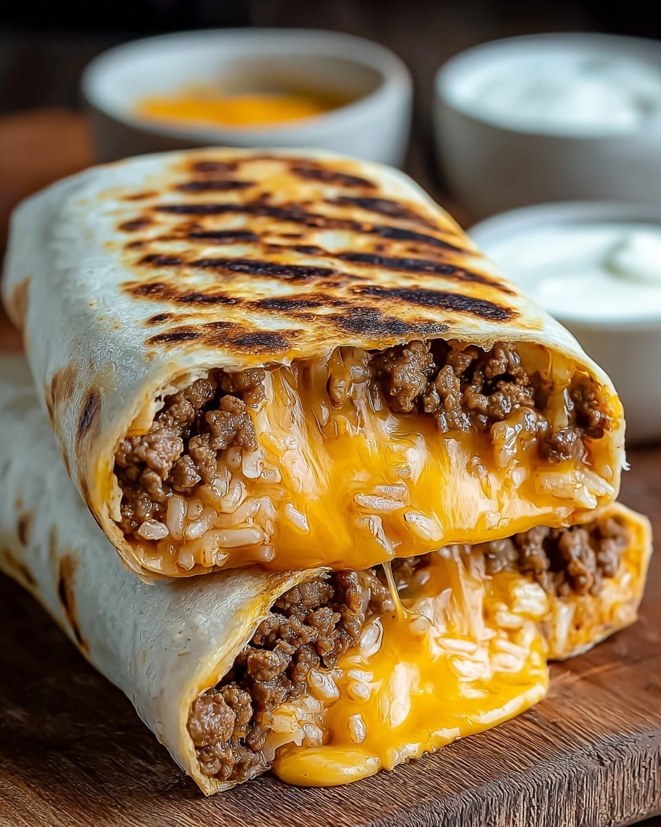 A grilled burrito cut in half, stacked with one half resting on top of the other, showing three main layers inside: a soft, light brown toasted tortilla with dark grill marks on the outside, a middle layer of melted cheddar cheese in bright orange that is stretching and oozing out, and an inner filling of seasoned ground beef in dark brown mixed with small bits of white rice. The burrito sits on a wooden surface with two blurred small white bowls in the background, one with sour cream and the other with a yellow sauce. photo taken with an iphone --ar 4:5 --v 7