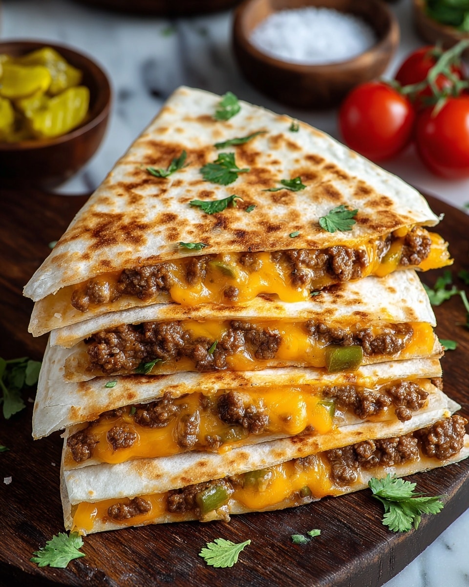 Three triangular quesadilla slices are stacked on a dark wooden board. Each slice shows a white tortilla browned with crispy grill marks, filled with melted golden cheddar cheese and browned ground beef mixed with small green peppers. The top quesadilla slice is garnished with small pieces of fresh green cilantro, and some cilantro leaves are scattered on the board. In the background, there are small bowls with yellow pickled slices and coarse salt, along with two red cherry tomatoes on a white marbled surface. photo taken with an iphone --ar 4:5 --v 7