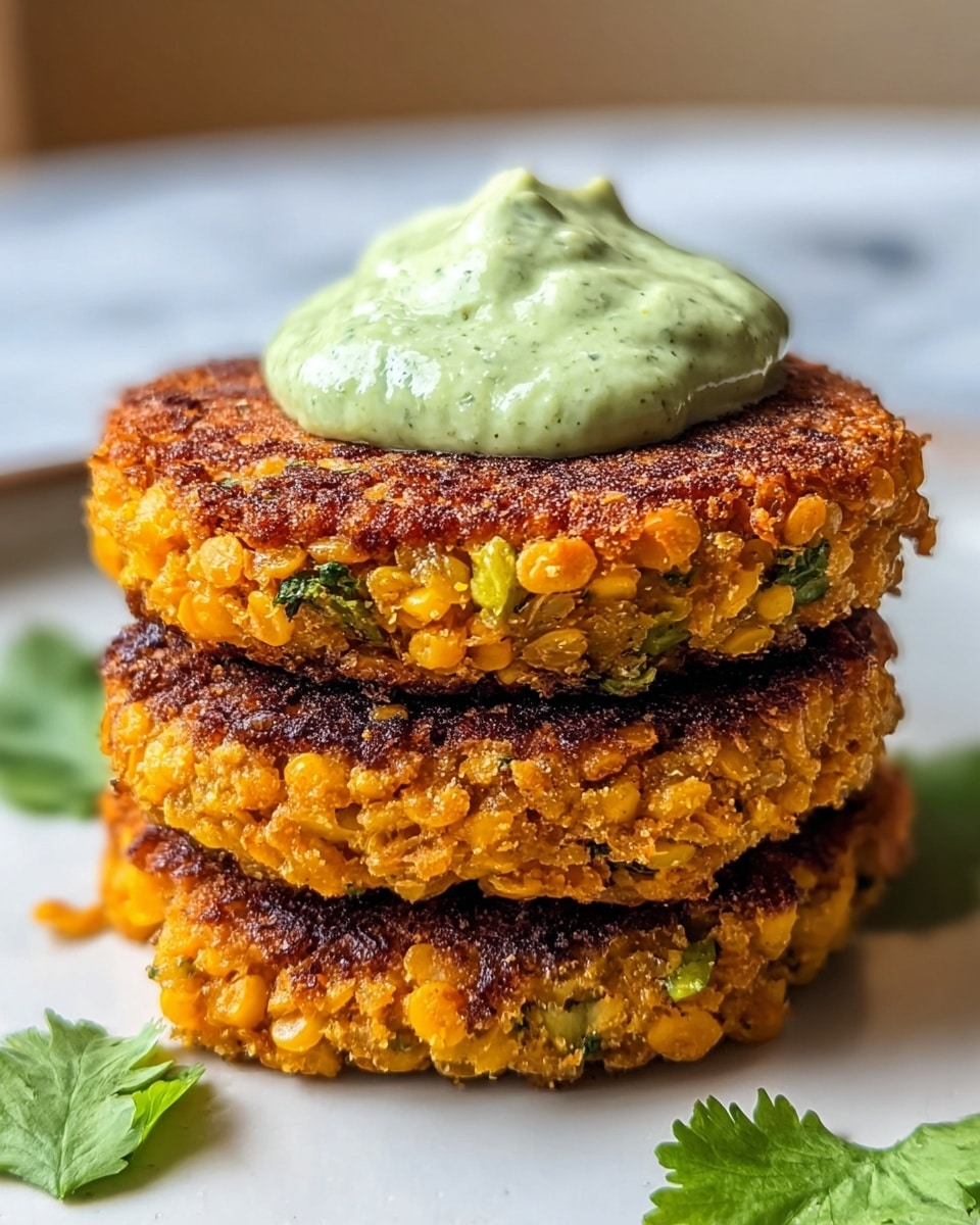 A stack of three golden-brown patties with a crispy, slightly charred surface, showing small yellow lentils and green herb pieces inside. Each patty has a rough, grainy texture with visible bits of ingredients and herbs, stacked one on top of the other on a white plate. On top of the stack, there is a dollop of thick, creamy green sauce with visible herb specks. Around the base of the patties, a few fresh green coriander leaves are placed. The photo is taken on a white marbled surface with soft natural light. photo taken with an iphone --ar 4:5 --v 7
