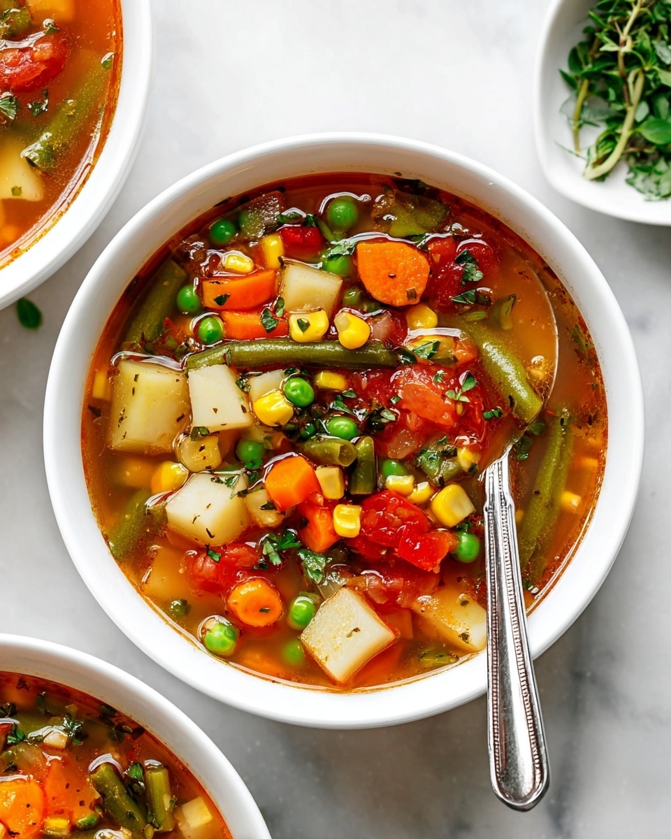 A white bowl filled with clear vegetable soup showing three main layers: at the bottom, small diced white potatoes; in the middle, bright orange carrot chunks and green peas; at the top, green beans, red tomato pieces, corn kernels, and small bits of chopped herbs floating in a light reddish broth. A silver spoon rests inside the bowl on the right side. The bowl sits on a white marbled surface with small bunches of green herbs nearby and part of another similar white bowl visible in the background. photo taken with an iphone --ar 4:5 --v 7