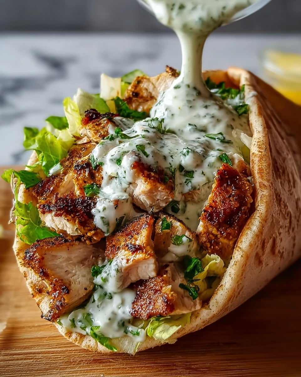 The image shows a pita wrap filled with several layers. The first layer inside the pita is fresh green lettuce with a texture of soft leaves. On top of that, there are chunks of grilled chicken, browned and slightly charred with a grilled texture, showing crispy edges and tender, juicy inside. The top layer is creamy white sauce with green herbs, being poured over the chicken from above. The wrap is placed on a wooden surface with a white marbled texture background. Photo taken with an iphone --ar 4:5 --v 7