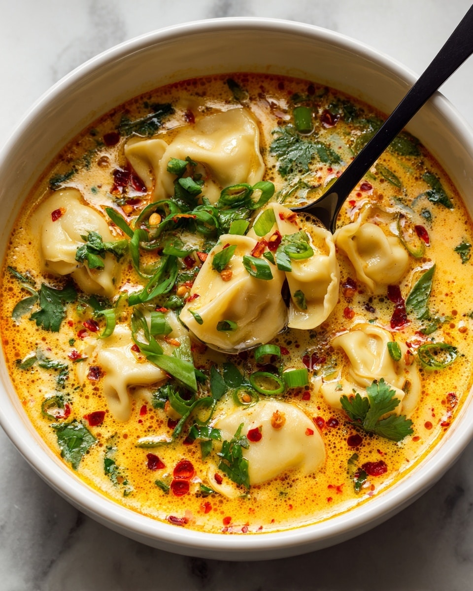 A close-up shows a white bowl filled with a creamy soup that has an orange-yellow color with small oil droplets on the surface. Inside the soup, there are five pale yellow tortellini dumplings with delicate folds. Bright red chili flakes and fresh green herbs like chopped cilantro and green onion pieces float on top, adding vibrant color. A black spoon is inside the bowl, lifting one tortellini slightly above the soup. The bowl sits on a white marbled surface. photo taken with an iphone --ar 4:5 --v 7
