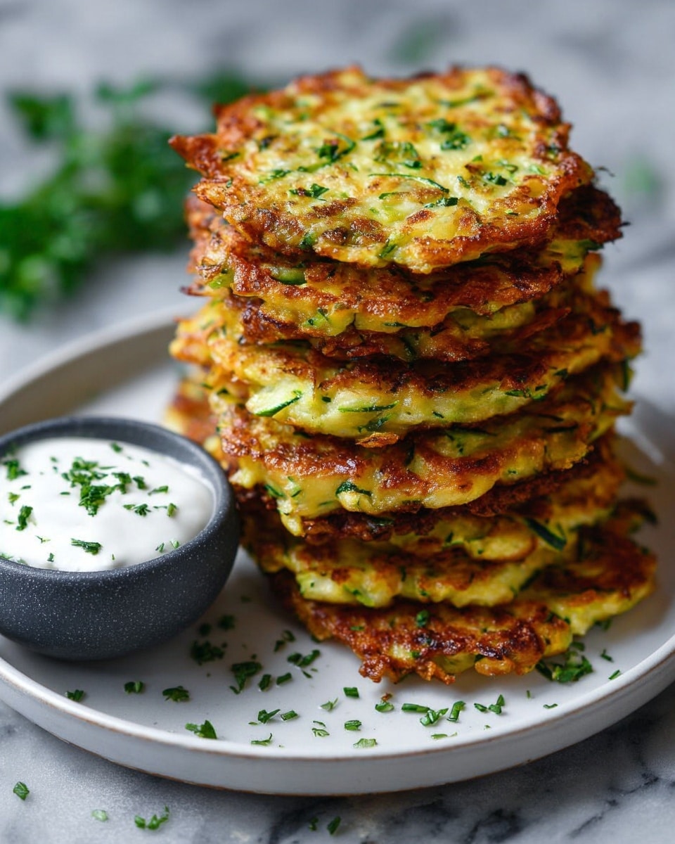 A stack of seven golden-brown zucchini fritters, each round and slightly crispy with small green zucchini shreds visible inside. The fritters are stacked unevenly on a white plate, showing the browned, textured edges and moist interior. On the side of the plate, a small dark gray bowl holds smooth white sour cream garnished with chopped green herbs. Some chopped herbs are sprinkled around the plate on a white marbled surface, and blurred green herbs are in the background. Photo taken with an iphone --ar 4:5 --v 7