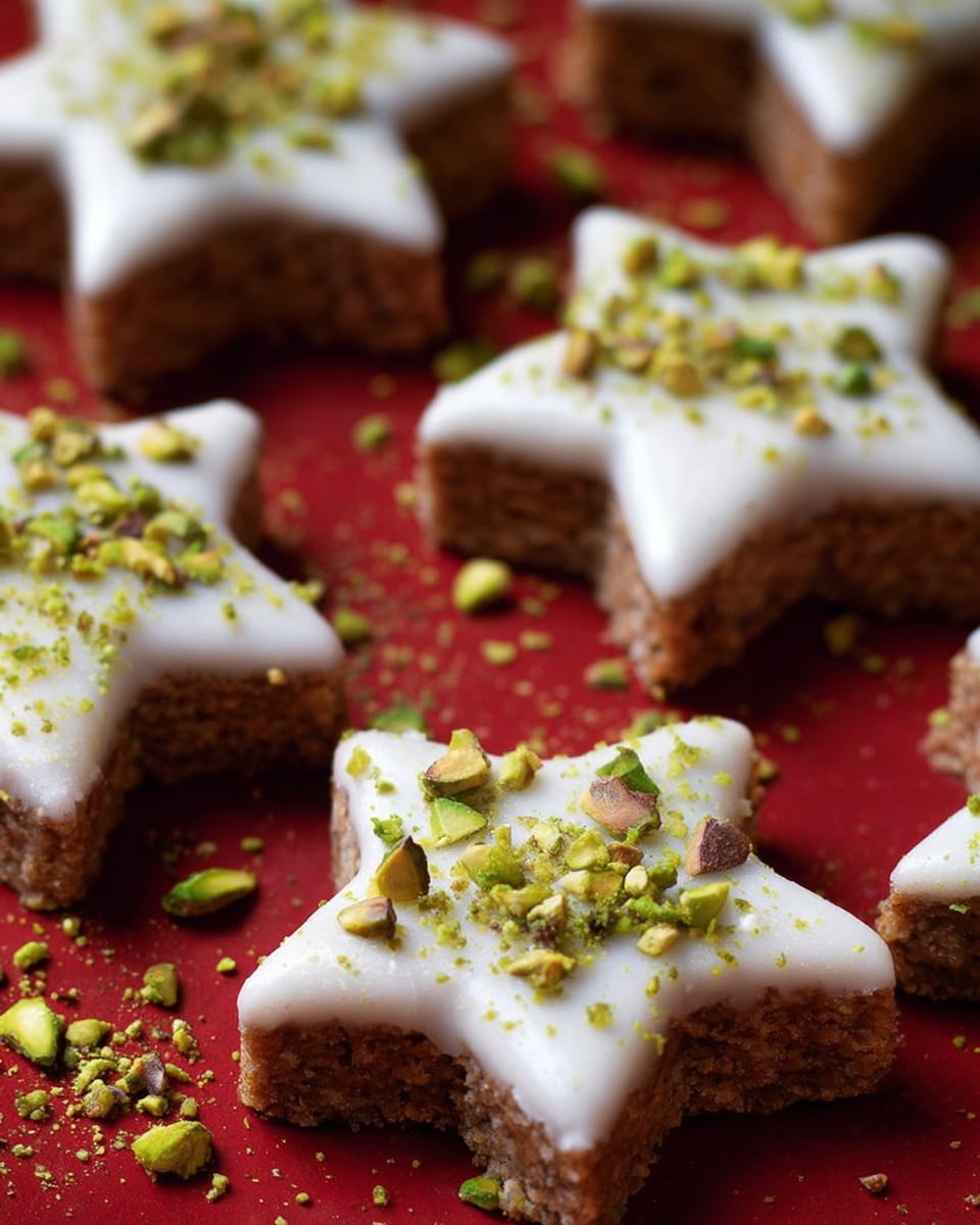 The image shows star-shaped cookies topped with a smooth, white icing and sprinkled with finely chopped green pistachios. The cookies have a soft, textured base, likely made with nuts or a spiced dough, giving them a rich and hearty appearance. They are arranged on a red surface, enhancing the festive or elegant appeal of the treat. photo taken with an iPhone --ar 4:5 --v 7