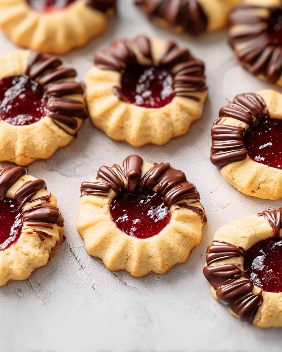 The image showcases an assortment of round, shortbread-style cookies with a red jam center, some of which are half-dipped and drizzled with milk chocolate. The cookies have a delicate, scalloped edge and the glossy jam contrasts beautifully with the smooth chocolate coating. The light background enhances the warm tones of the cookies, making them look appetizing and perfect for a sweet snack or dessert. photo taken with an iPhone --ar 4:5 --v 7