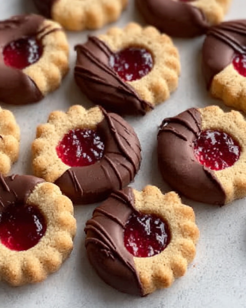 The image shows a close-up of beautifully crafted cookies. The cookies are two-toned, half-dipped in smooth milk chocolate, with the other half left plain, showcasing their golden-baked texture. Each cookie has a circular center filled with vibrant red jam, adding a pop of color and a touch of sweetness to the design. Some cookies are also decorated with thin drizzles of chocolate across the plain side, enhancing their visual appeal. The cookies are arranged neatly on a light-colored surface, inviting viewers to enjoy a delightful treat. Photo taken with an iPhone --ar 4:5 --v 7