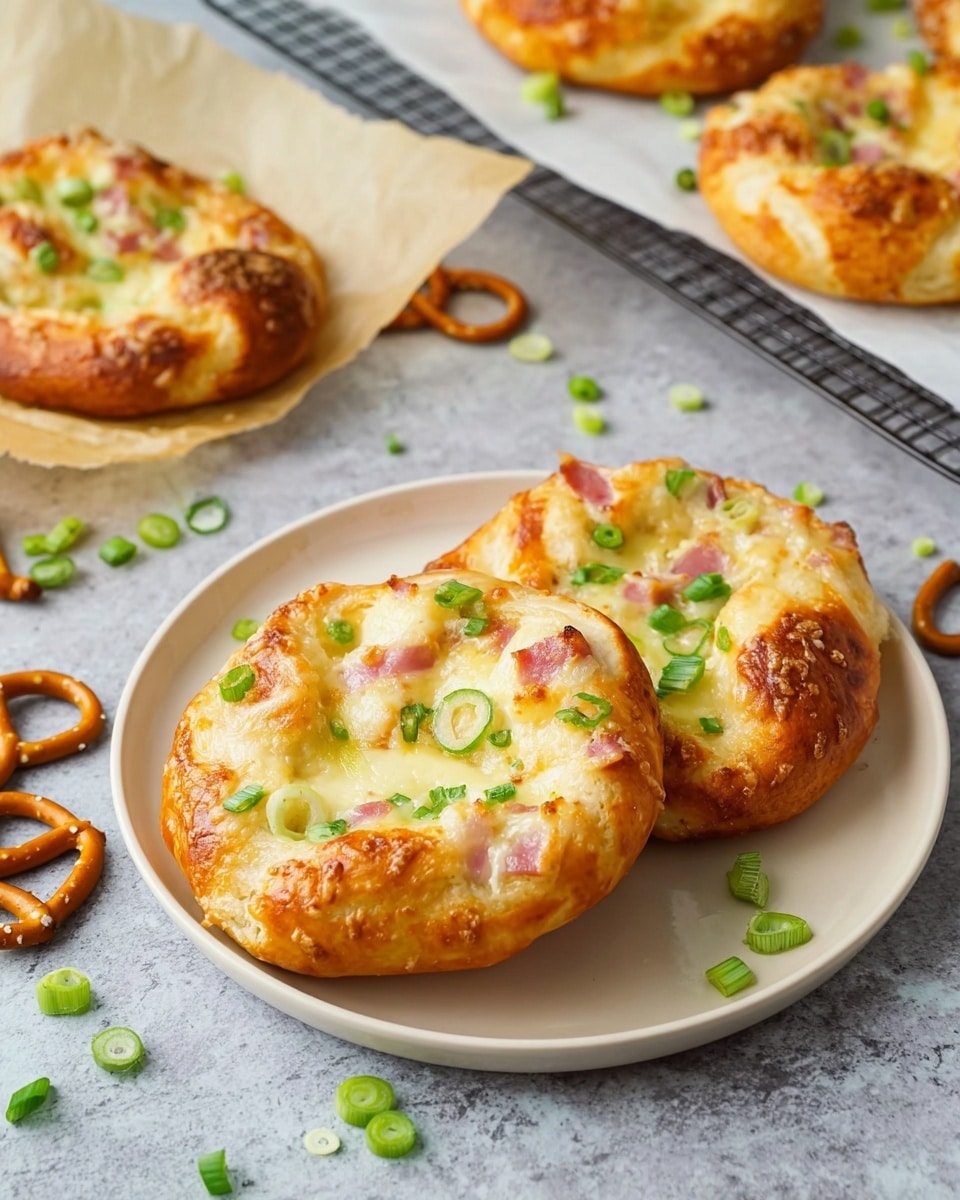 The image shows a plate with two freshly baked savory pastries topped with melted cheese, ham, and chopped green onions. Surrounding the plate are several crunchy pretzels and scattered green onion slices, adding texture and color contrast to the scene. In the background, more of the same pastries rest on a wire cooling rack lined with parchment paper. The golden-brown crust and creamy filling create an inviting and delicious appearance. Photo taken with an iPhone --ar 4:5 --v 7