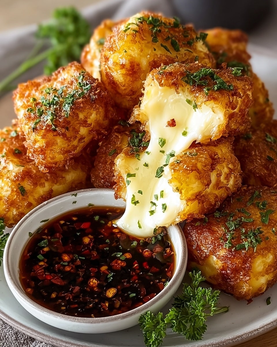 The image shows a plate of crispy, golden-brown fried cheese bites garnished with finely chopped herbs. One piece is broken open, revealing a gooey, melted cheese center that looks rich and creamy. Accompanying the cheese bites is a small bowl of dark dipping sauce with visible chili flakes, likely providing a spicy contrast to the savory dish. The presentation is inviting and appetizing, making it a perfect appetizer or snack. Photo taken with an iPhone --ar 4:5 --v 7