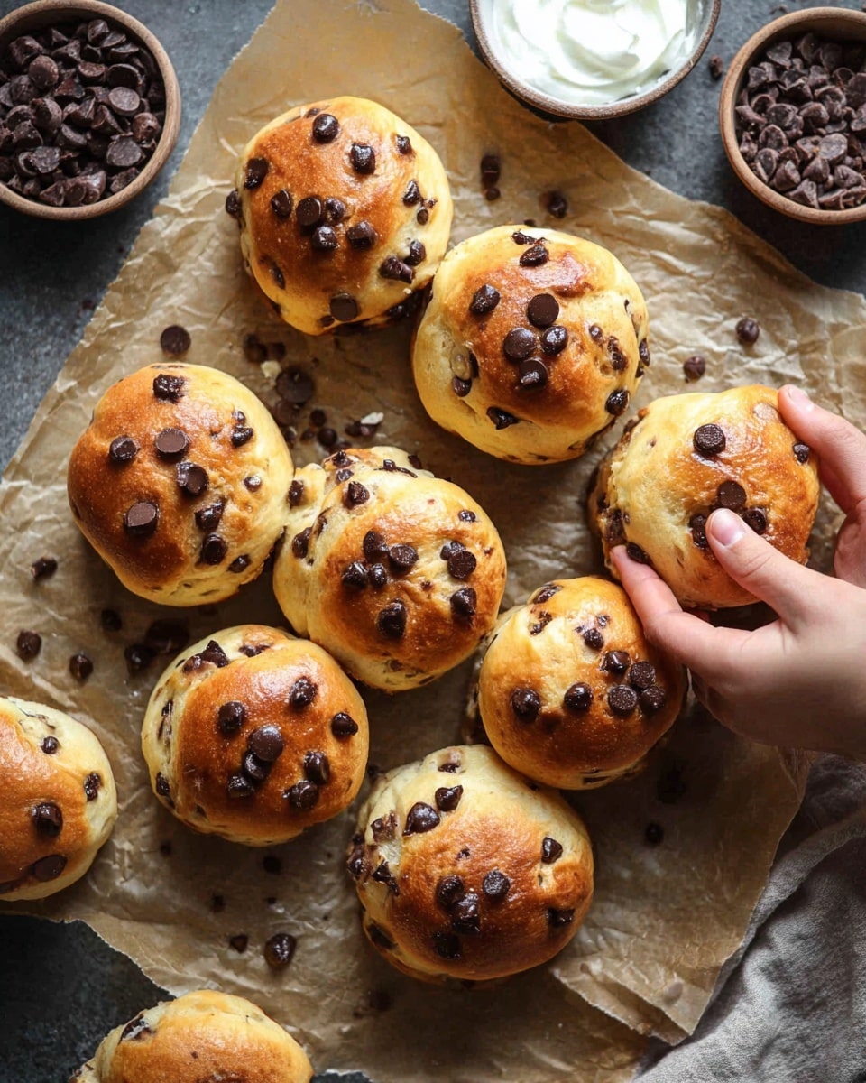 The image shows a batch of freshly baked chocolate chip buns arranged on parchment paper. The buns are golden brown with a soft and fluffy texture, generously studded with melted chocolate chips on top and within. A hand is seen reaching out to grab one of the buns, highlighting their inviting appearance. Scattered chocolate chips around the buns add to the homemade feel, with a bowl of extra chips and a small dish of what appears to be cream or yogurt nearby, suggesting a delightful accompaniment. Photo taken with an iPhone --ar 4:5 --v 7