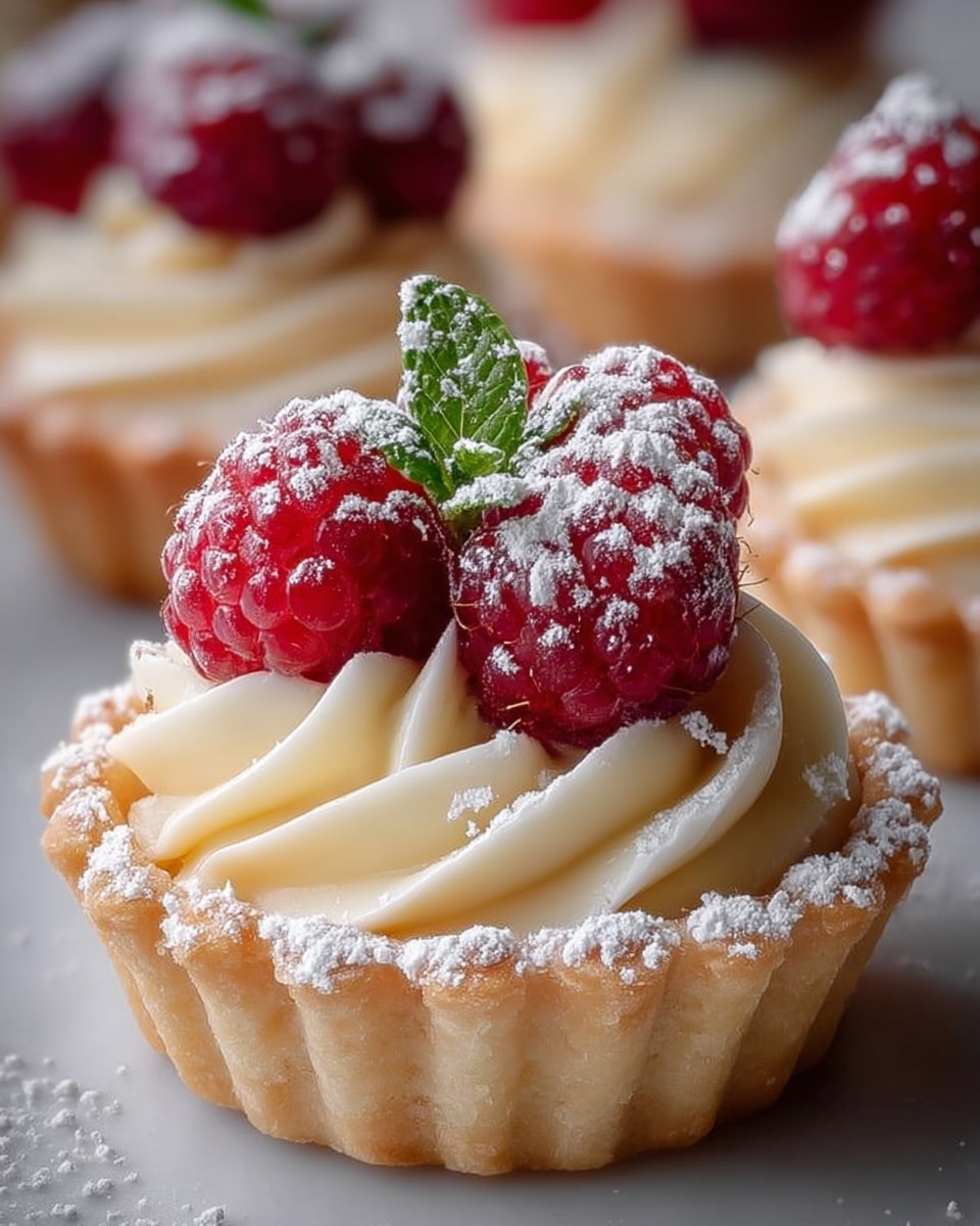 This image features a close-up of a delicate tart topped with swirls of creamy vanilla custard, garnished with fresh, ripe raspberries and a small mint leaf. The tart shell is golden and slightly crumbly, dusted lightly with powdered sugar that adds an elegant touch to the presentation. The background shows similar tarts softly blurred, bringing the focus to the vibrant colors and textures of the main dessert. photo taken with an iPhone --ar 4:5 --v 7