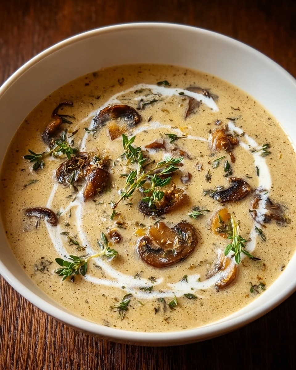 The image shows a creamy mushroom soup served in a white bowl, with visible pieces of sautéed mushrooms and specks of herbs throughout. The soup is garnished with a swirl of cream and fresh sprigs of thyme, adding a touch of green and an aromatic element to the rich, velvety texture. The wooden surface beneath the bowl adds a warm, rustic feel to the presentation, enhancing the overall inviting and comforting appearance of the dish. photo taken with an iPhone --ar 4:5 --v 7