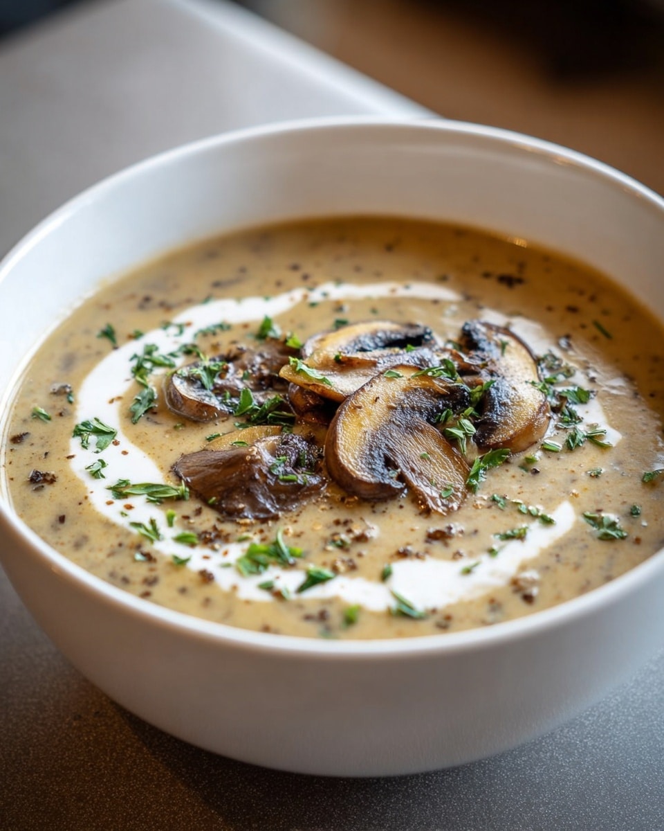 The image shows a creamy mushroom soup served in a white bowl. The soup is rich and velvety, garnished with sautéed mushroom slices, fresh herbs, and a swirl of cream, enhancing its texture and flavor. The background is softly blurred, emphasizing the inviting, hearty dish that looks perfect for a cozy meal. Photo taken with an iPhone --ar 4:5 --v 7