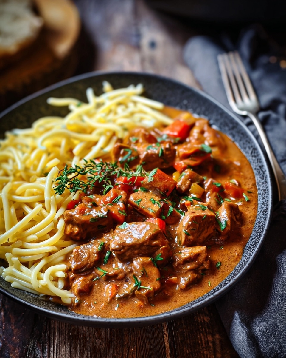 The image showcases a hearty plate of creamy stew with tender chunks of meat and vegetables, garnished with fresh herbs, served alongside perfectly cooked pasta. The stew's rich sauce glistens under the light, inviting a comforting and flavorful dining experience. A silver fork lies beside the plate on a rustic wooden surface, adding to the warm and cozy atmosphere of the setting. Photo taken with an iPhone --ar 4:5 --v 7