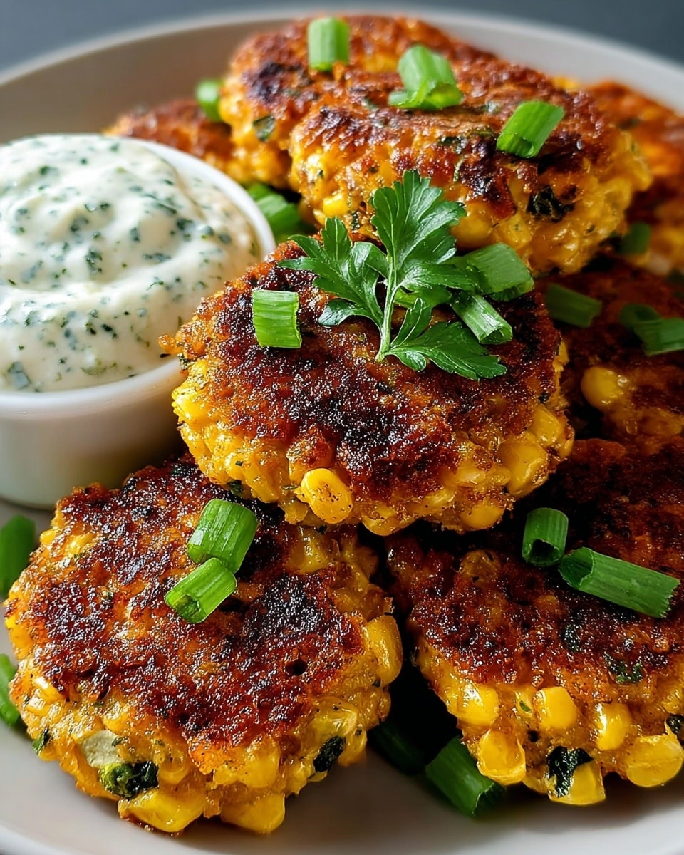 The image shows a plate of golden-brown vegetable patties, garnished with chopped green onions and a sprig of fresh herbs on top. The patties appear crispy on the outside and studded with visible pieces of corn and greens, suggesting a healthy and flavorful vegetarian dish. Accompanying the patties is a small bowl of creamy white dipping sauce with herbs intermixed, adding a complementary touch to the presentation. The overall look is appetizing and well-prepared, perfect for a light meal or snack. photo taken with an iPhone --ar 4:5 --v 7