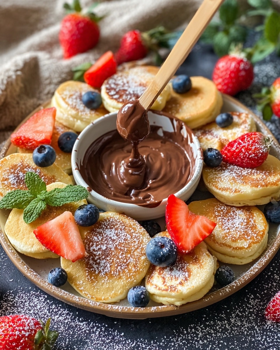 The image shows a plate of fluffy, golden-brown mini pancakes arranged in a circle, each topped with a fresh strawberry half and a few blueberries. A small bowl of rich, creamy chocolate spread sits in the center of the plate, with a wooden stick dipping into it, allowing the chocolate to drip onto the pancakes. The pancakes are lightly dusted with powdered sugar, adding a touch of sweetness and visual appeal. Fresh mint leaves and additional berries are scattered around the setup, enhancing the vibrant and inviting look of the dish. The overall presentation is cozy and enticing, perfect for a delightful breakfast or dessert. photo taken with an iPhone --ar 4:5 --v 7