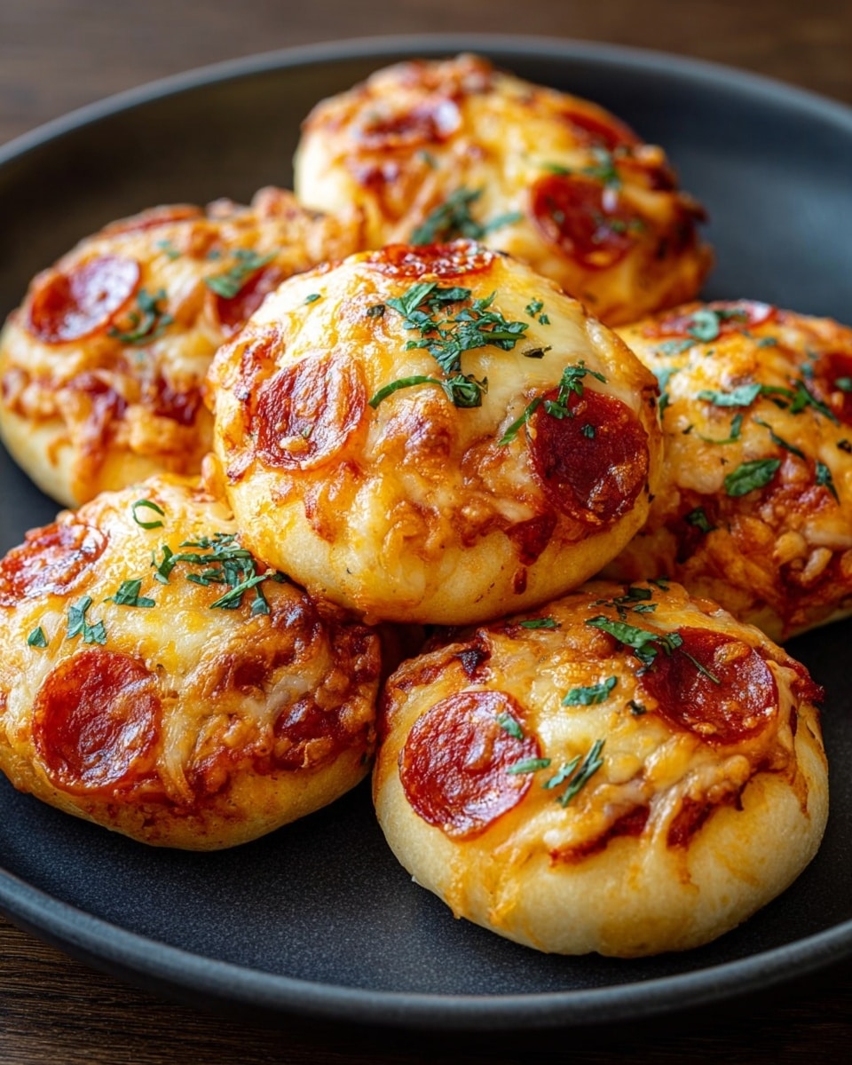 The image showcases a plate of six mini pepperoni pizzas, each topped with melted golden cheese and small slices of pepperoni. The pizzas are garnished with a sprinkle of fresh green herbs, adding a pop of color and freshness to the rich, cheesy surface. The dough appears soft and fluffy, with a nicely browned crust that suggests they were baked to perfection. The presentation on a dark plate contrasts well with the warm tones of the pizza, making them look especially appetizing. Photo taken with an iPhone --ar 4:5 --v 7