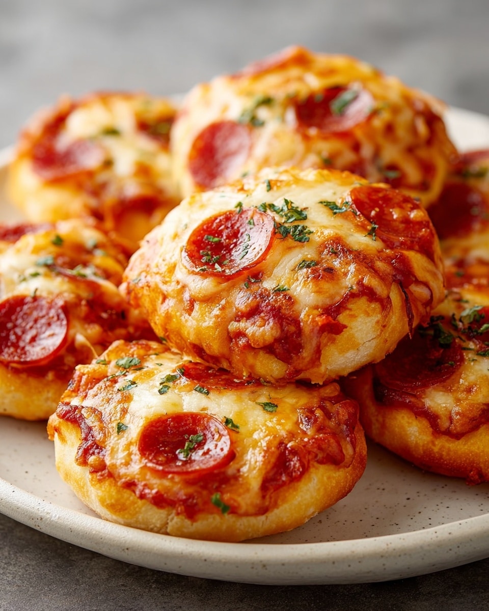 The image shows a plate of freshly baked mini pepperoni pizzas, each topped with melted golden cheese and slices of pepperoni. The pizzas have a slightly thick crust that looks soft and fluffy, with a sprinkle of herbs adding a touch of color and flavor. The vibrant red tomato sauce peeks through the cheese, giving a delicious contrast of textures and colors. These bite-sized pizzas look appetizing and perfect for a snack or appetizer. photo taken with an iPhone --ar 4:5 --v 7