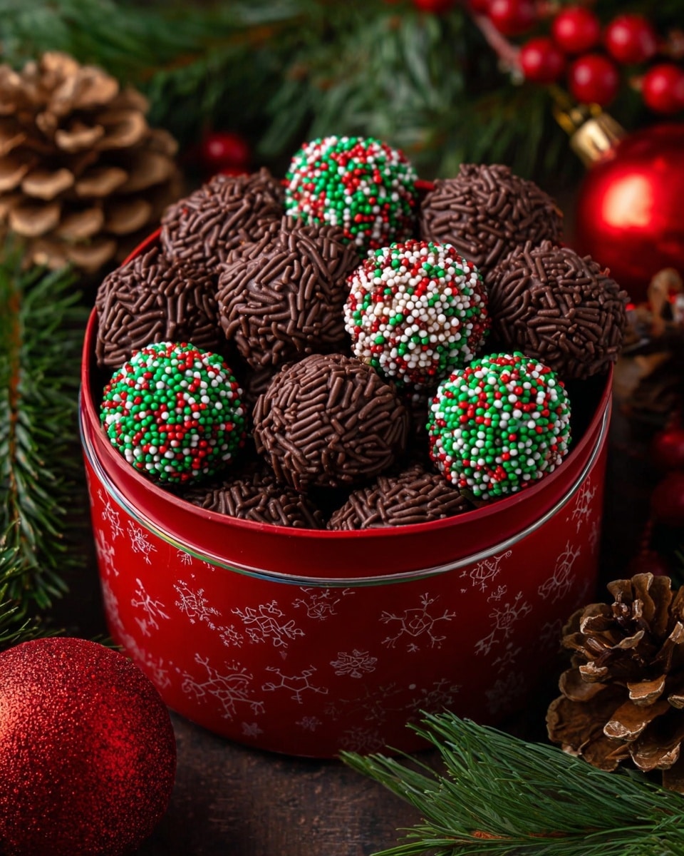 The image showcases a festive red container filled with an assortment of chocolate truffles. Most of the truffles are covered in classic dark chocolate sprinkles, while a few standout pieces are adorned with green, red, and white round sprinkles, adding a holiday touch. Surrounding the container are elements of Christmas decor, including pine branches, pine cones, and a shiny red ornament, enhancing the seasonal theme and creating a cozy, celebratory atmosphere. Photo taken with an iPhone --ar 4:5 --v 7