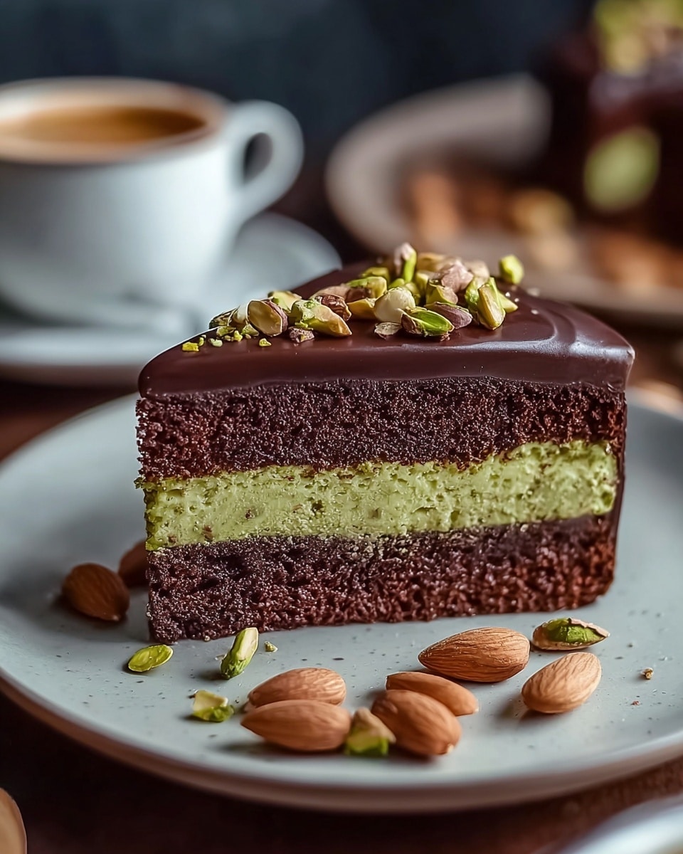 The image shows a slice of rich chocolate cake with a creamy green pistachio layer in the middle, topped with a smooth chocolate ganache and garnished with whole almonds and pistachios. The cake is placed on a simple plate, with extra nuts scattered around, creating an inviting and indulgent presentation. In the background, a white cup, possibly containing coffee or tea, adds to the cozy atmosphere. photo taken with an iPhone --ar 4:5 --v 7