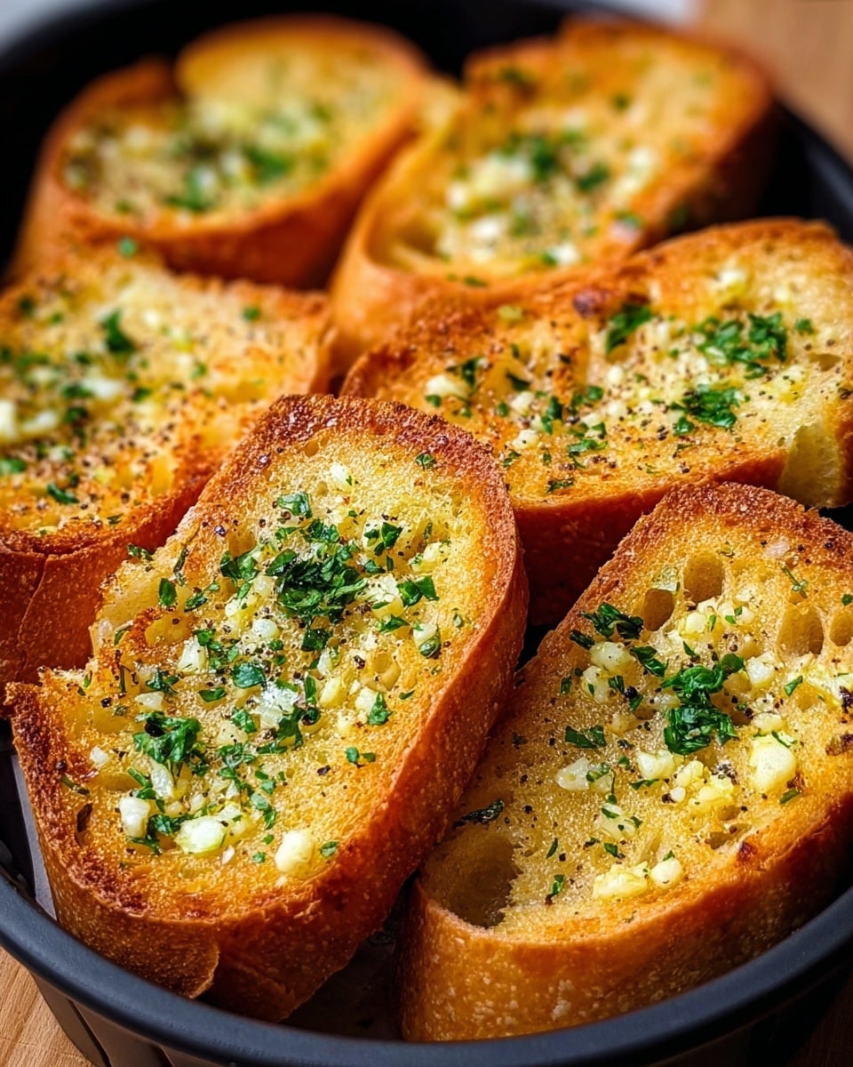 The image showcases several slices of golden-brown garlic bread, perfectly toasted with a crispy crust and a soft interior. Each piece is generously topped with finely chopped garlic, fresh parsley, and a sprinkling of black pepper, giving the bread a flavorful and aromatic appeal. The bread is arranged neatly within a basket or tray, inviting and ready to be enjoyed as a savory side or appetizer. The close-up shot highlights the texture and freshness of the ingredients, emphasizing the deliciousness of this classic dish. photo taken with an iPhone --ar 4:5 --v 7