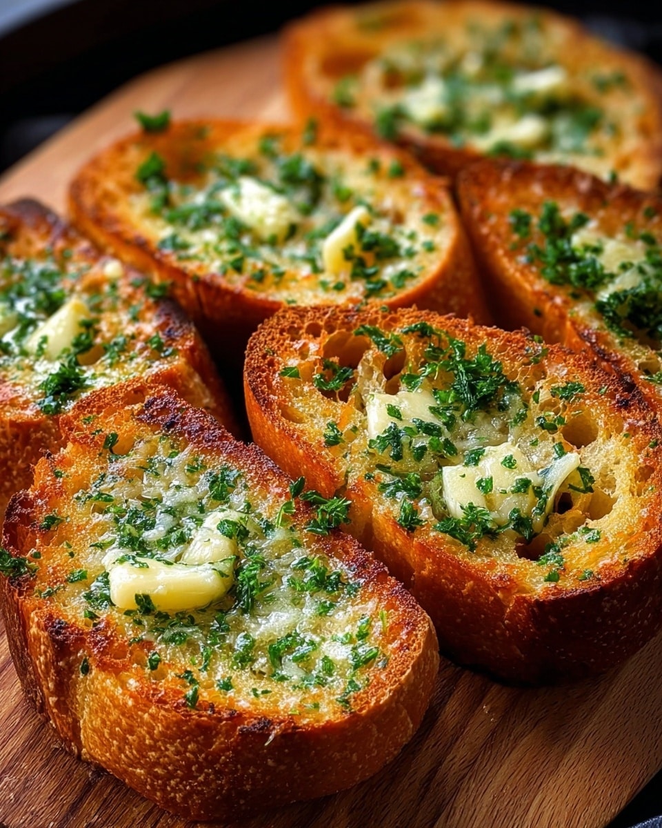 The image shows several slices of golden-brown toasted bread topped with melted butter, finely chopped garlic, and freshly chopped parsley, creating a delicious and aromatic garlic bread. The bread slices appear crispy on the edges while maintaining a soft texture inside, making them perfect for enjoying as a side dish or appetizer. The vibrant green herbs contrast beautifully with the warm tones of the toasted bread, enhancing the visual appeal of this classic comfort food. Photo taken with an iPhone --ar 4:5 --v 7