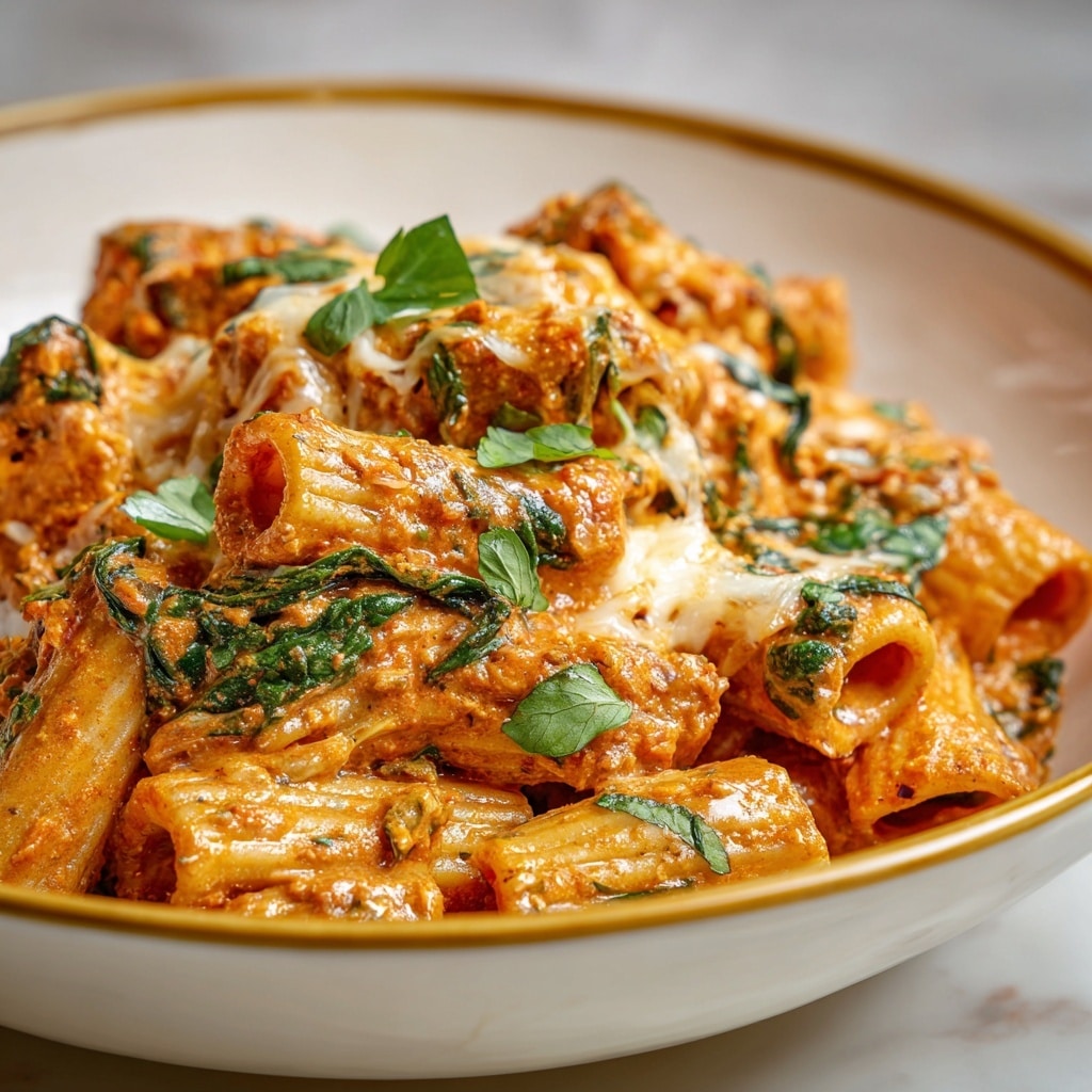 The image showcases a creamy pasta dish featuring rigatoni generously coated in a rich, cheesy tomato sauce speckled with fresh herbs and spinach. A fork lifts a cheesy, sauce-laden piece of rigatoni, with melted cheese strings stretching enticingly back to the bowl. The vibrant green herbs add a fresh touch of color that complements the warm, indulgent sauce perfectly. This comforting, flavorful dish looks both hearty and satisfying, served in a white bowl with a gold rim that adds an elegant touch to the presentation. photo taken with an iPhone --ar 4:5 --v 7