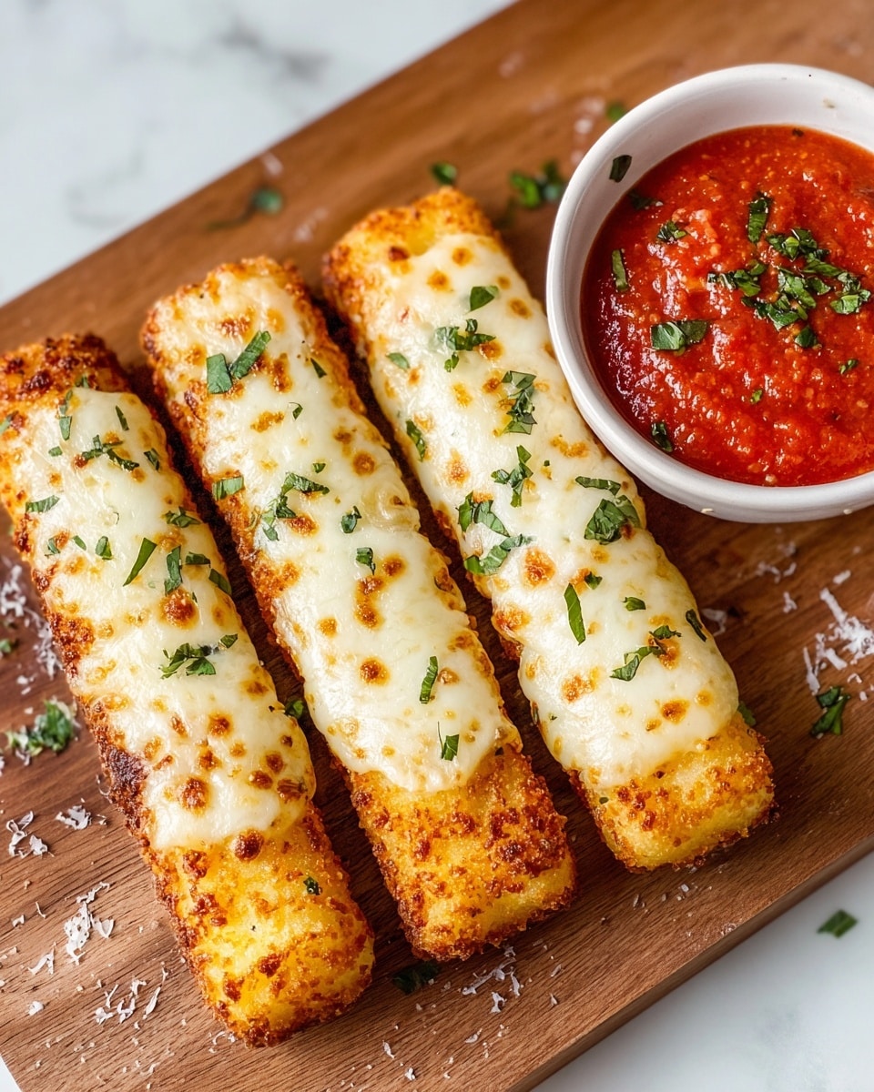 Four golden brown mozzarella sticks are lined side by side on a wooden board with melted cheese bubbling on top, showing small browned spots and sprinkled with chopped green herbs and white salt flakes. To the right, a white bowl holds bright red marinara sauce with bits of green herbs on top. The wooden board and white marbled surface beneath add warm and clean contrast to the cheesy sticks and sauce. photo taken with an iphone --ar 4:5 --v 7